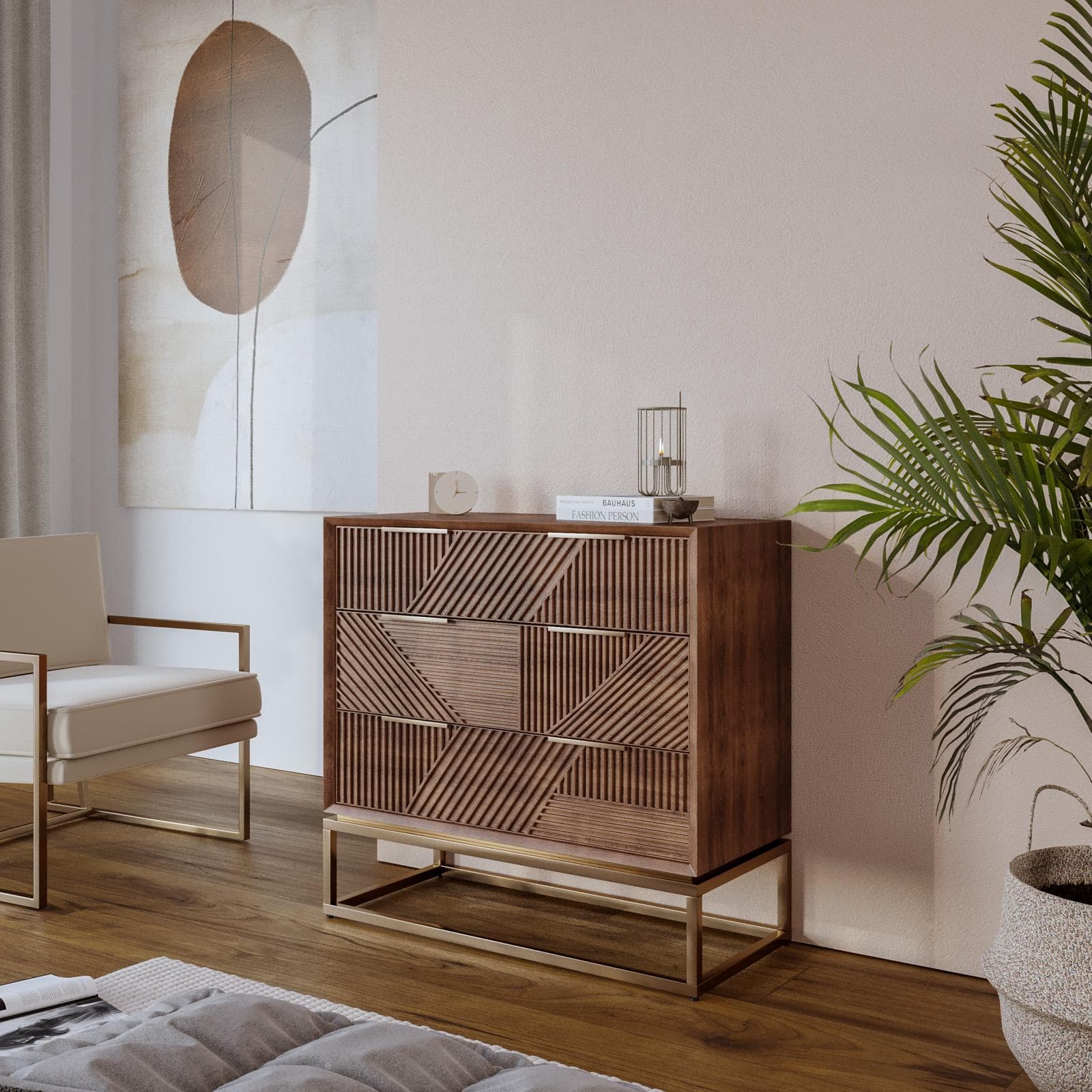 Cassettiera 90x85h cm con 3 cassetti in legno di mango cannettato - Maltese