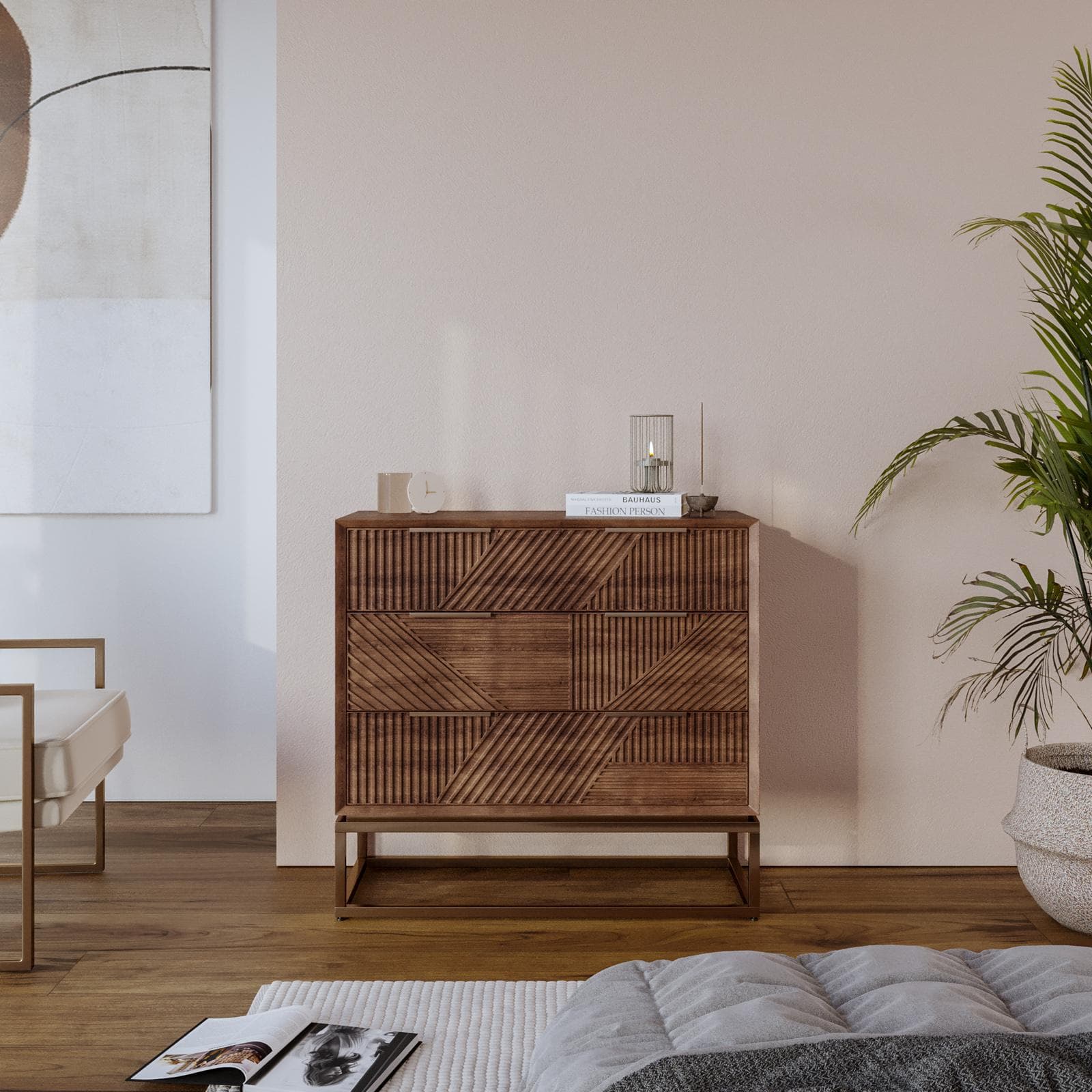 Cassettiera 90x85h cm con 3 cassetti in legno di mango cannettato - Maltese