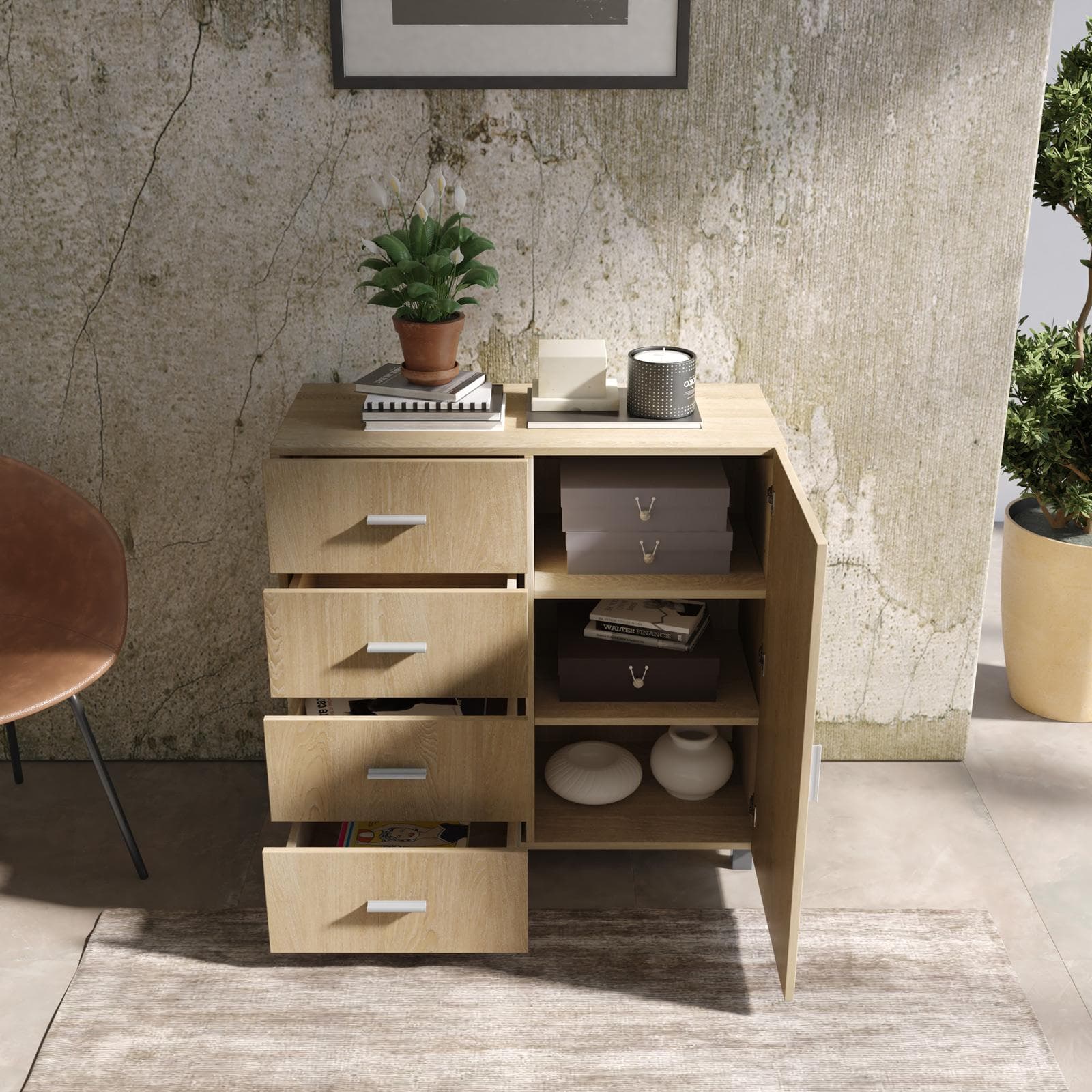 Cassettiera 90x88h cm con 4 cassetti e 1 anta effetto rovere - Iceberg