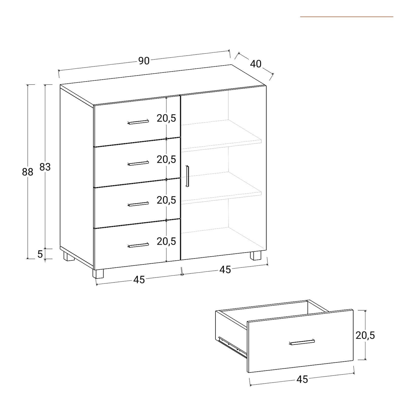 Cassettiera 90x88h cm con 4 cassetti e 1 anta effetto rovere - Iceberg