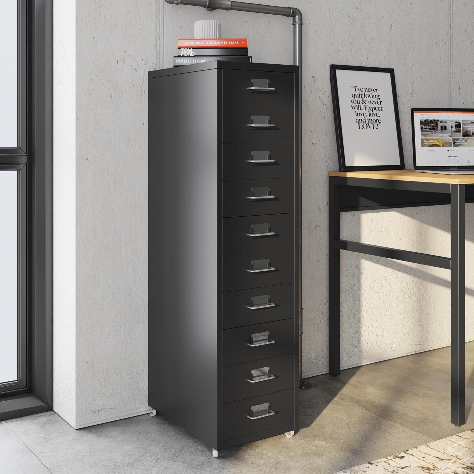 Cassettiera compatta 28x108h cm in acciaio verniciato nero con 10 cassetti e ruote - Latino