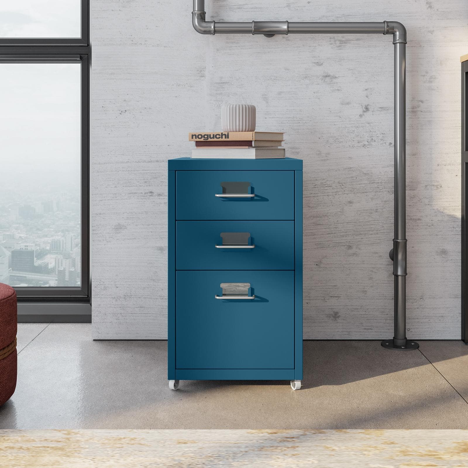 Cassettiera compatta 28x49h cm in acciaio verniciato blu petrolio con 3 cassetti e ruote - Latino
