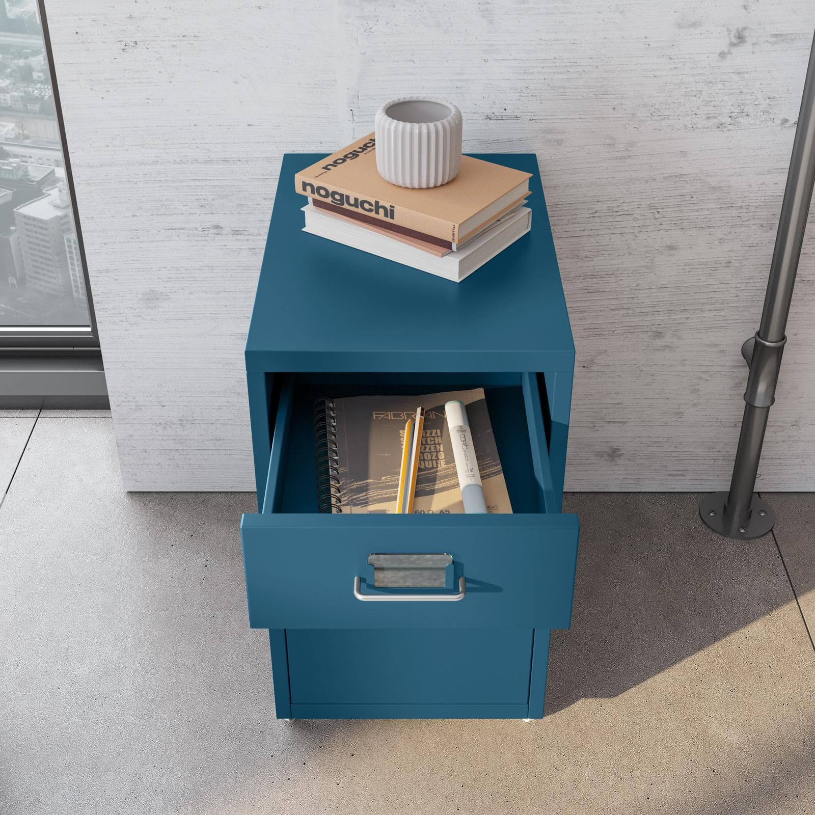 Cassettiera compatta 28x49h cm in acciaio verniciato blu petrolio con 3 cassetti e ruote - Latino