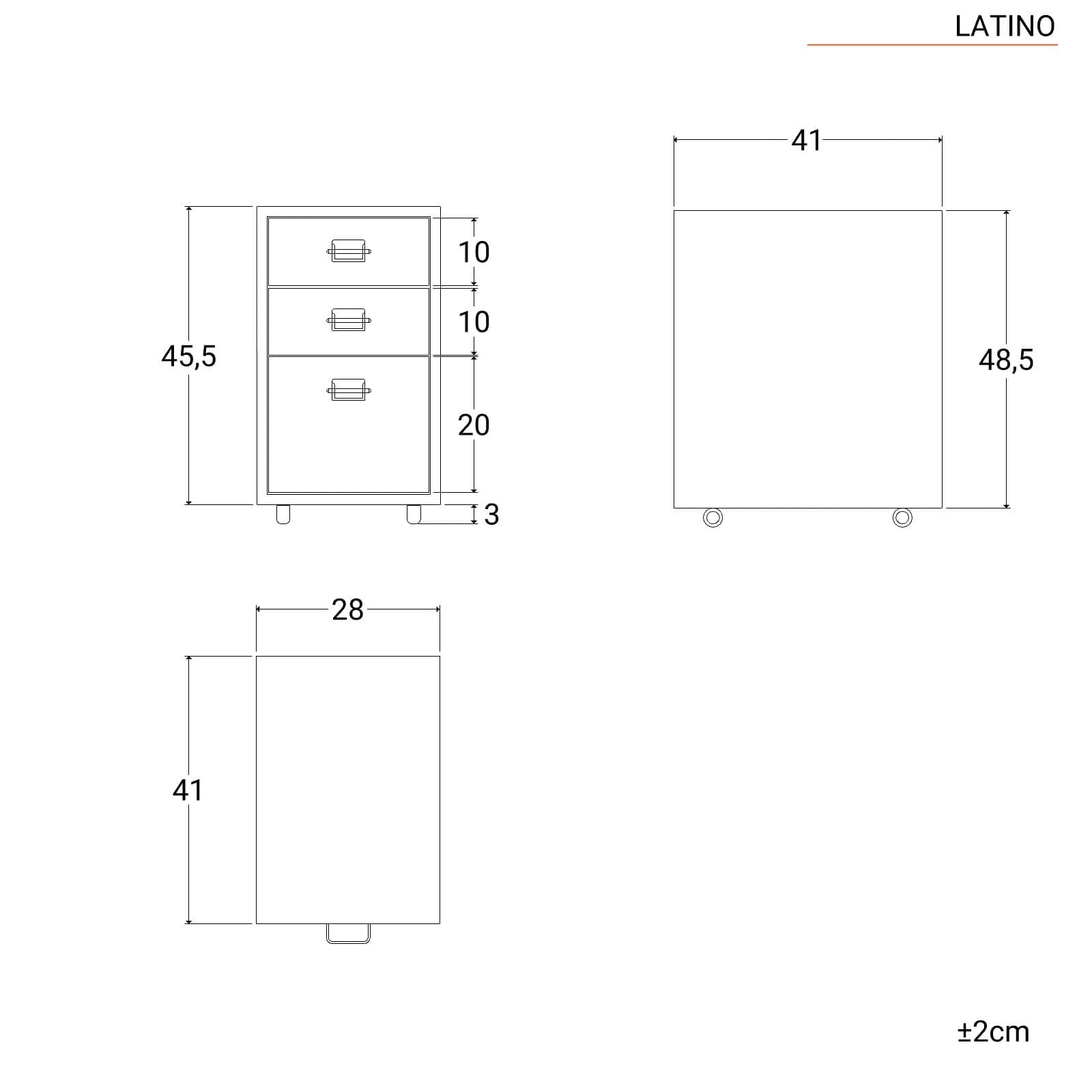 Cassettiera compatta 28x49h cm in acciaio verniciato blu petrolio con 3 cassetti e ruote - Latino