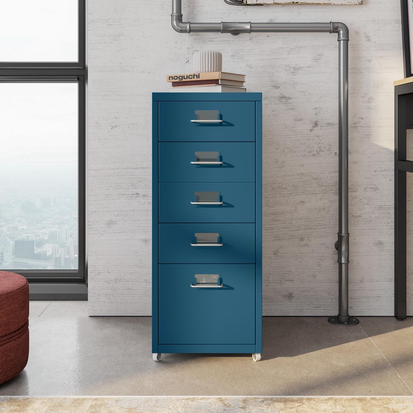 Cassettiera compatta 28x69h cm in acciaio verniciato blu petrolio con 5 cassetti e ruote - Latino