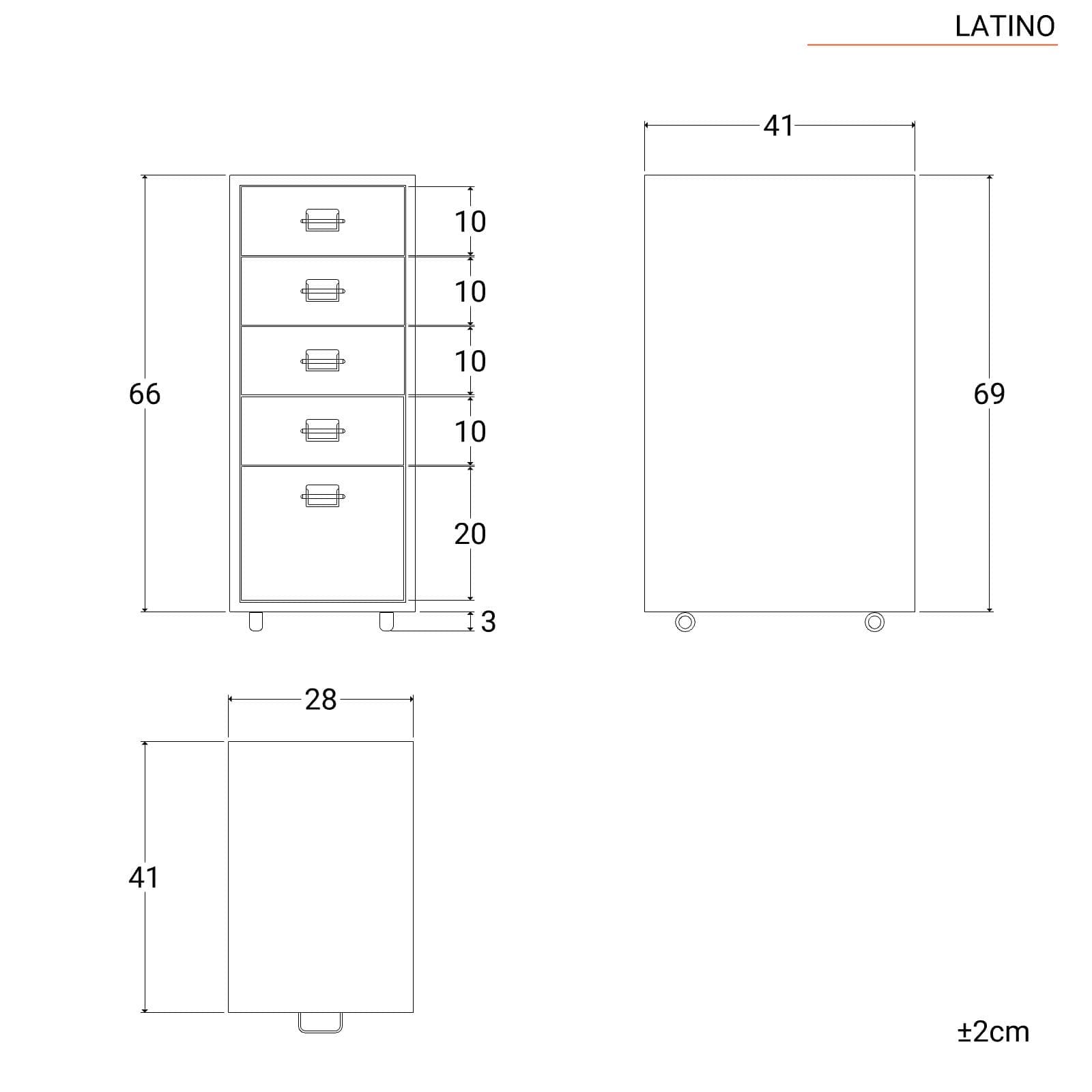 Cassettiera compatta 28x69h cm in acciaio verniciato blu petrolio con 5 cassetti e ruote - Latino