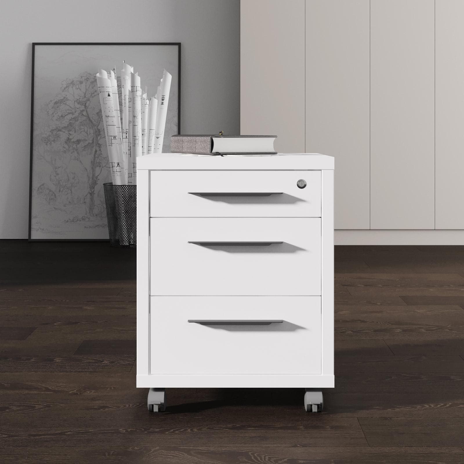 Cassettiera con 3 cassetti e ruote bianco lucido - Homely office