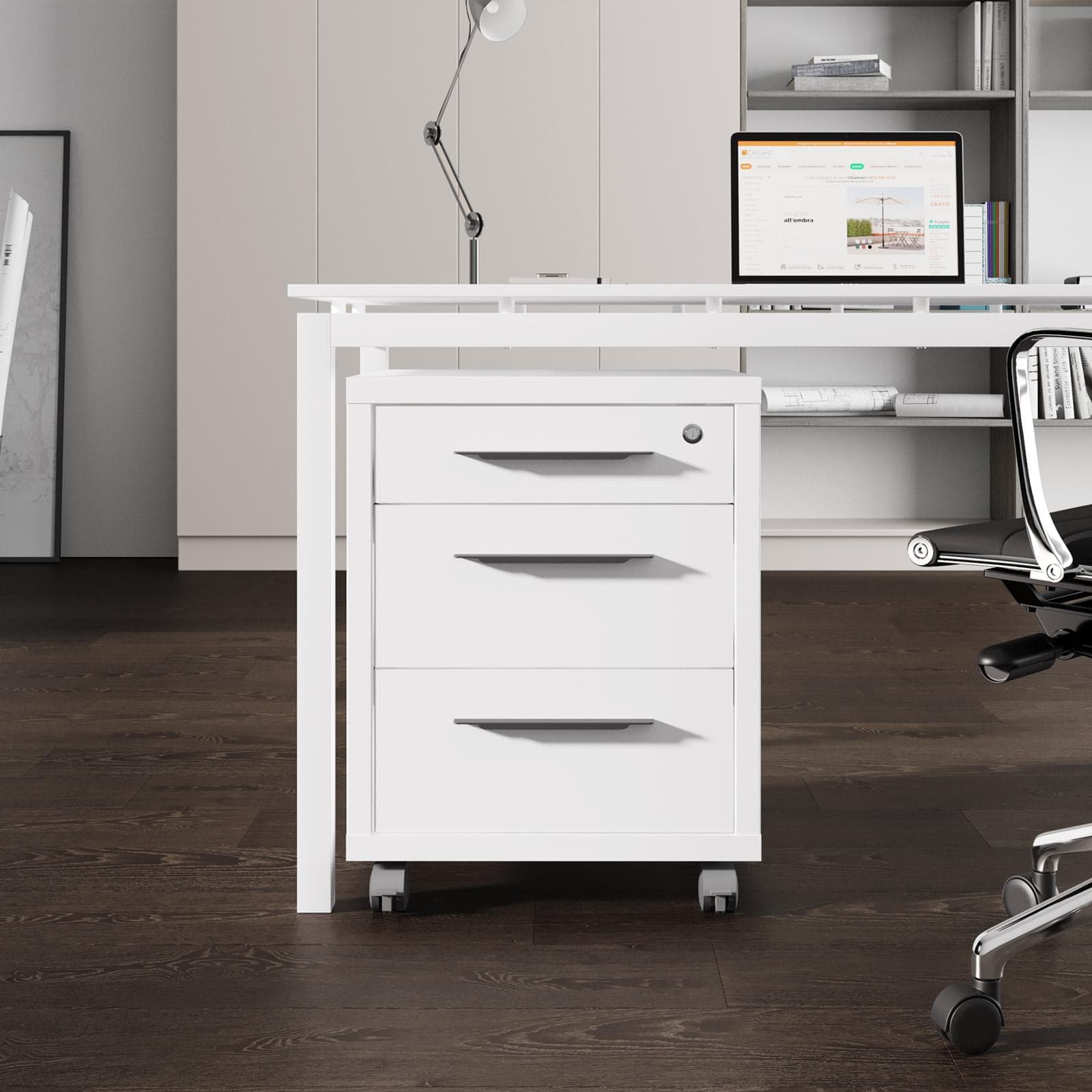Cassettiera con 3 cassetti e ruote bianco lucido - Homely office
