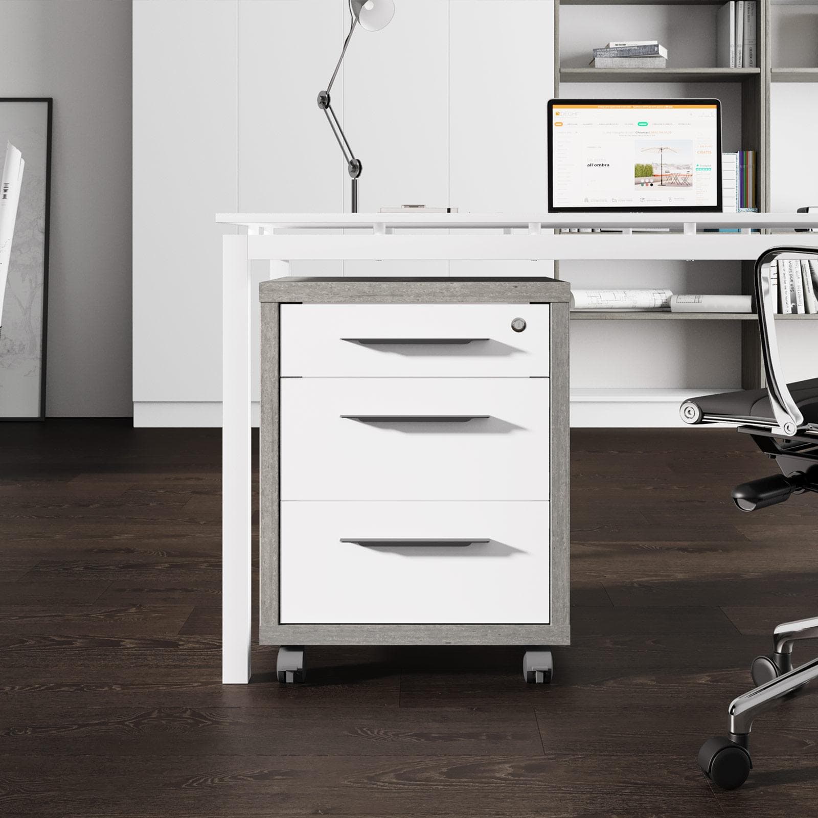 Cassettiera con 3 cassetti e ruote finitura cemento e bianco lucido - Homely office