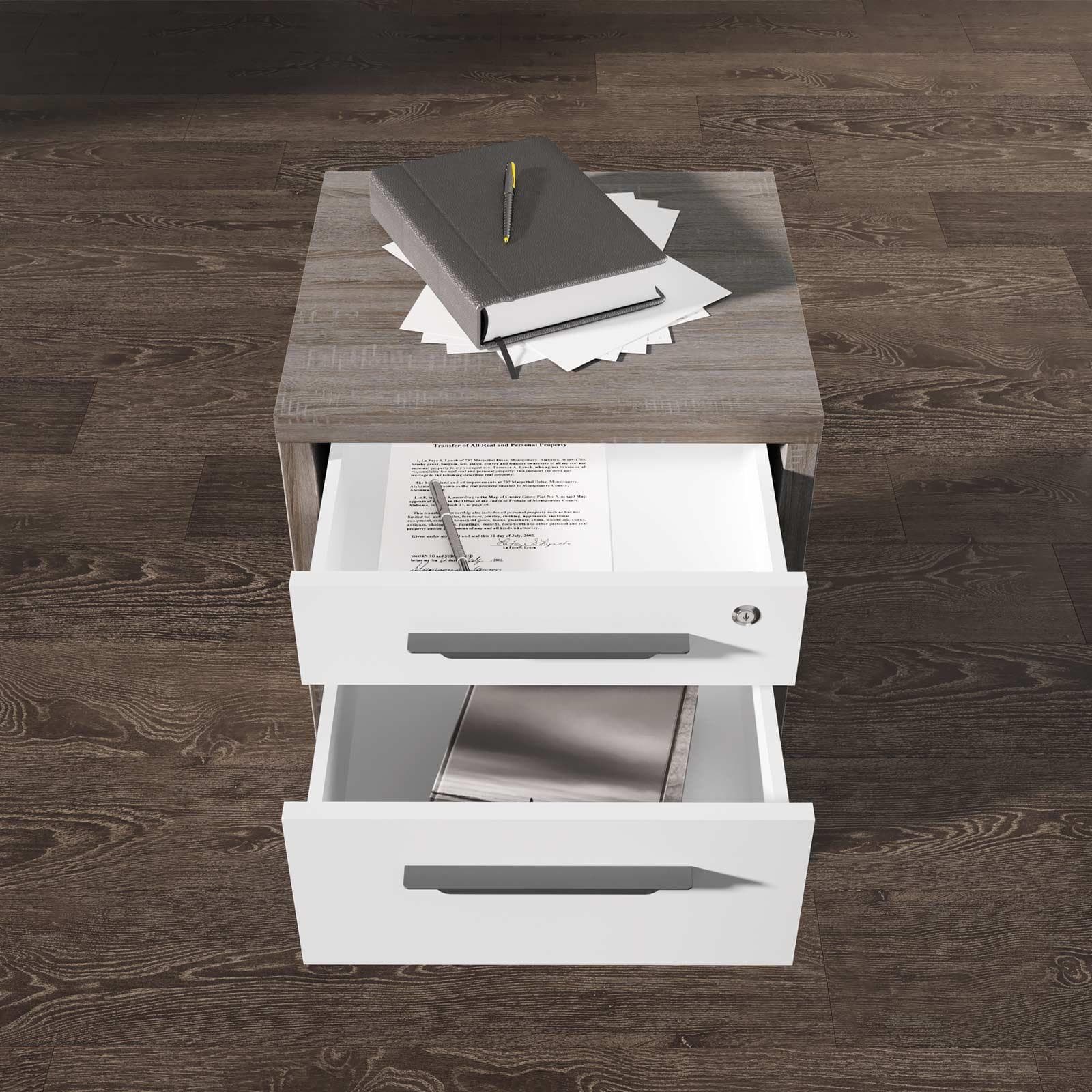 Cassettiera con 3 cassetti finitura rovere tartufo e bianco lucido - Homely office