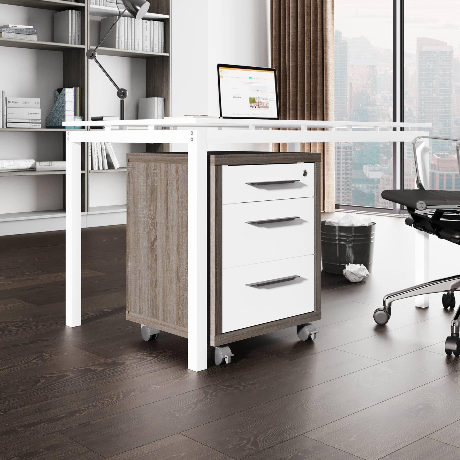 Cassettiera con 3 cassetti finitura rovere tartufo e bianco lucido - Homely office