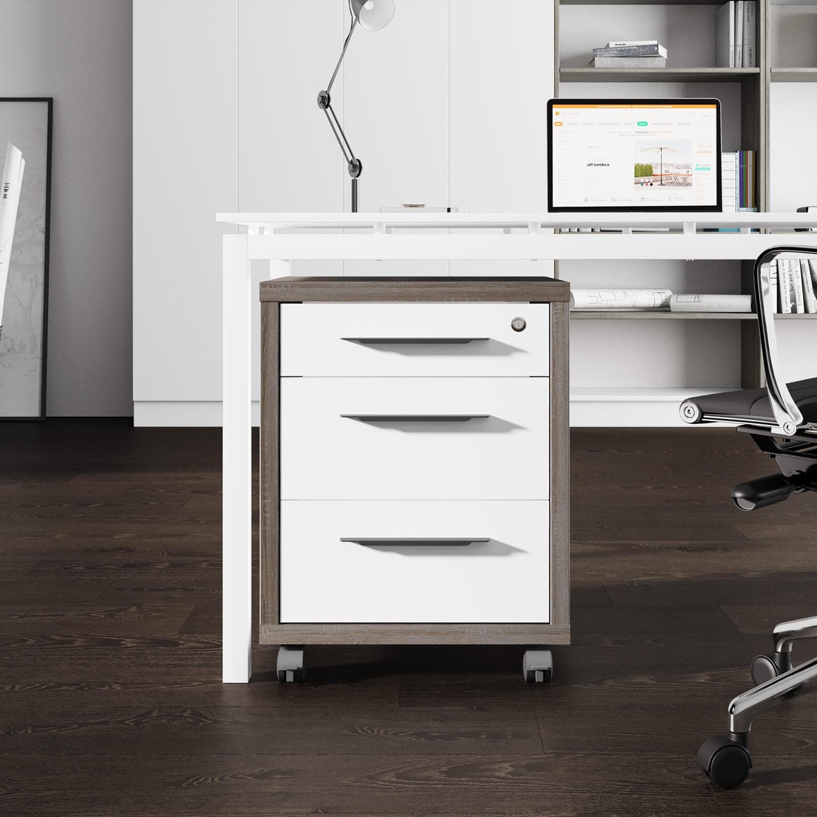 Cassettiera con 3 cassetti finitura rovere tartufo e bianco lucido - Homely office
