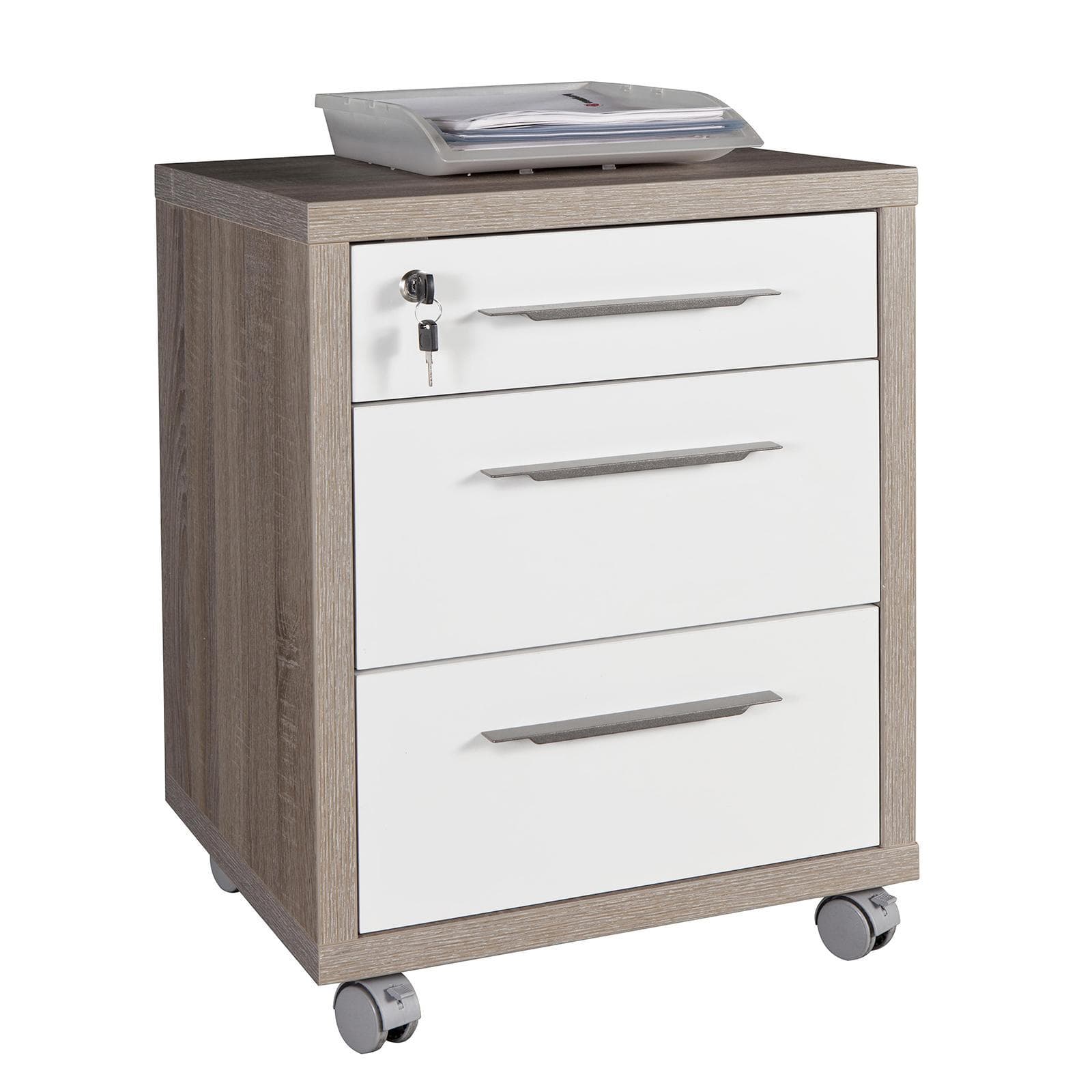 Cassettiera con 3 cassetti finitura rovere tartufo e bianco lucido - Homely office
