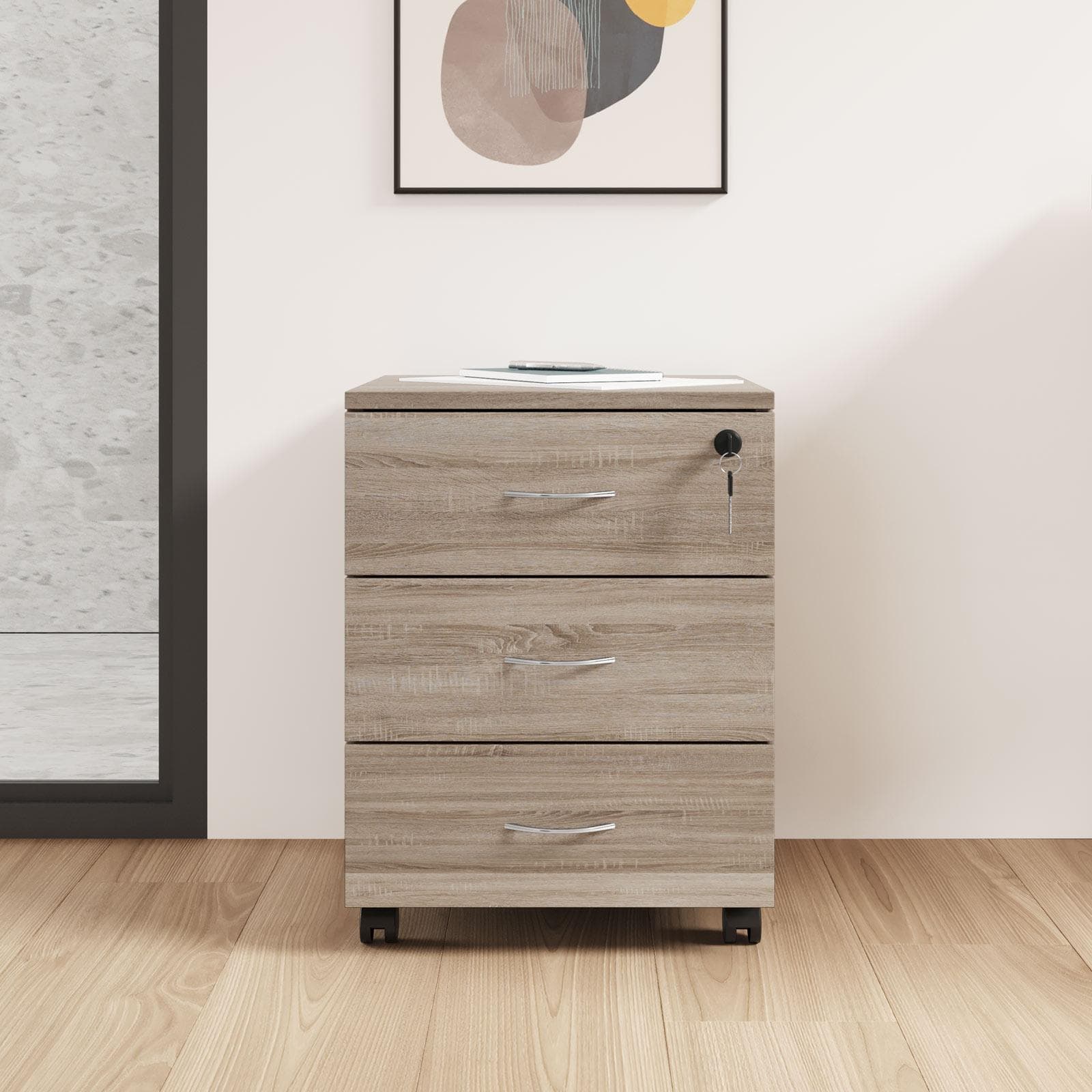Cassettiera 40x52h cm in legno rovere con 3 cassetti su ruote - Artik