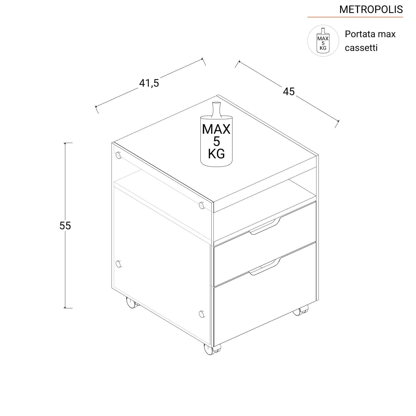 Cassettiera con ruote 40 cm in legno bianco e vetro temperato - Metropolis