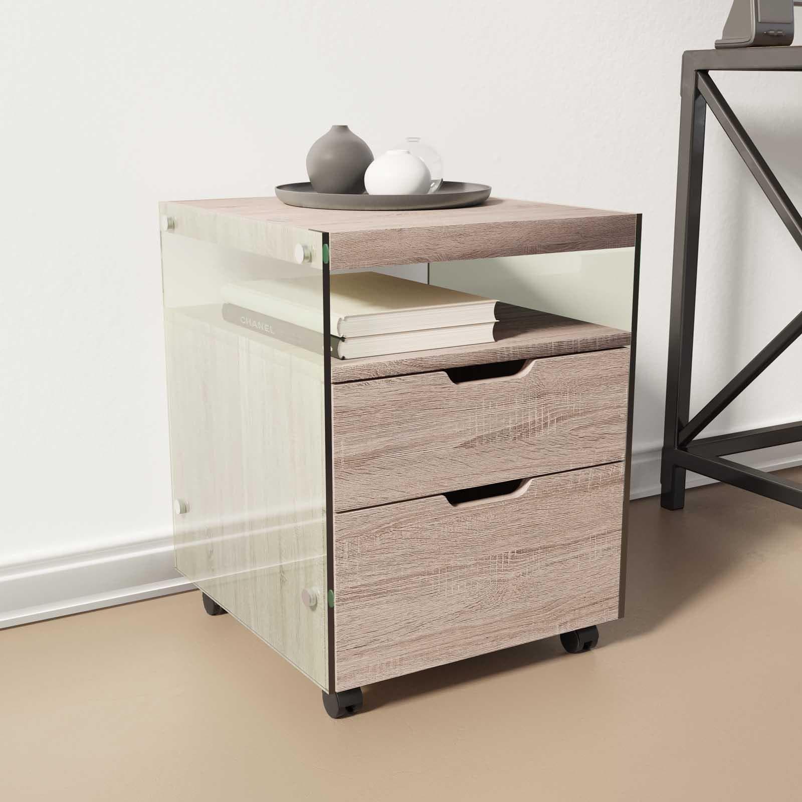 Cassettiera con ruote 40 cm in legno rovere e vetro temperato - Metropolis