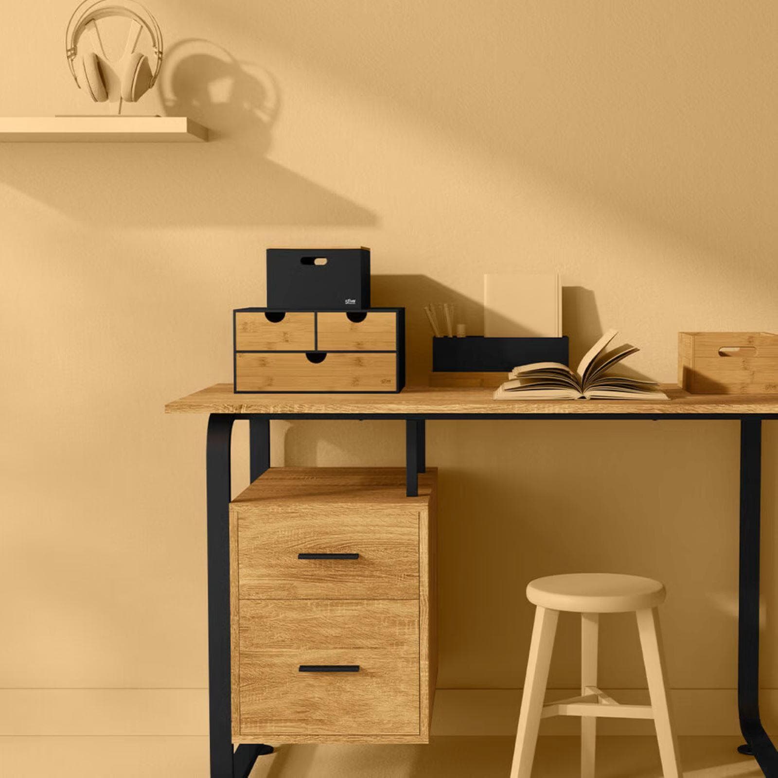 Cassettiera da scrivania 16h cm in legno nero e naturale con 3 cassetti - Smartlab