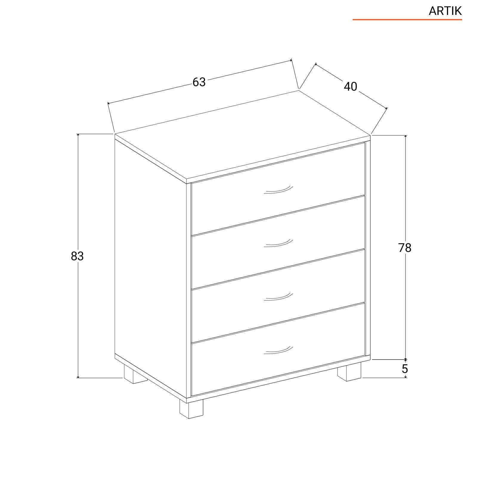 Cassettiera 63x83h cm in legno rovere con 4 cassetti - Artik