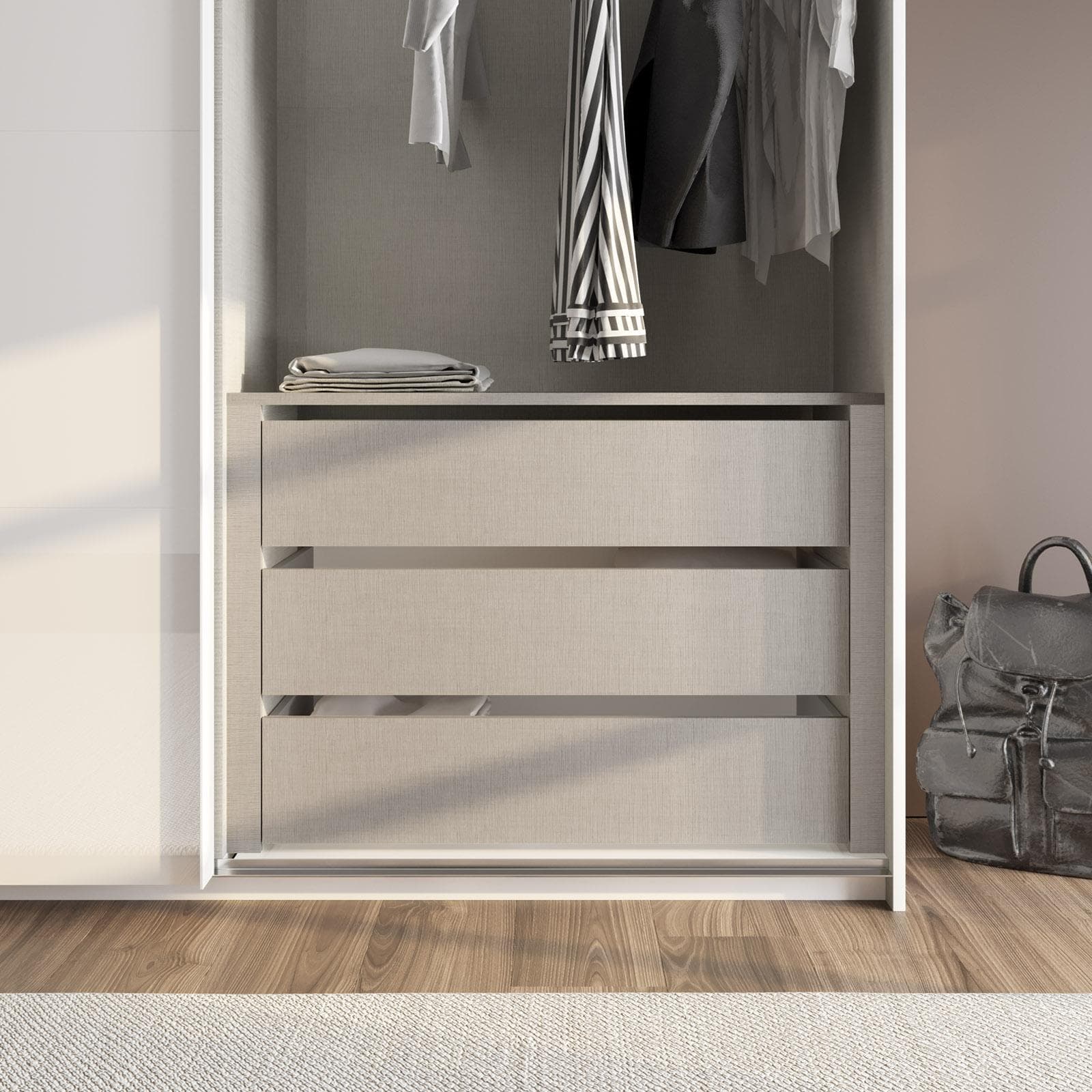 Cassettiera grigio effetto tessuto per armadio Alen da 150 cm
