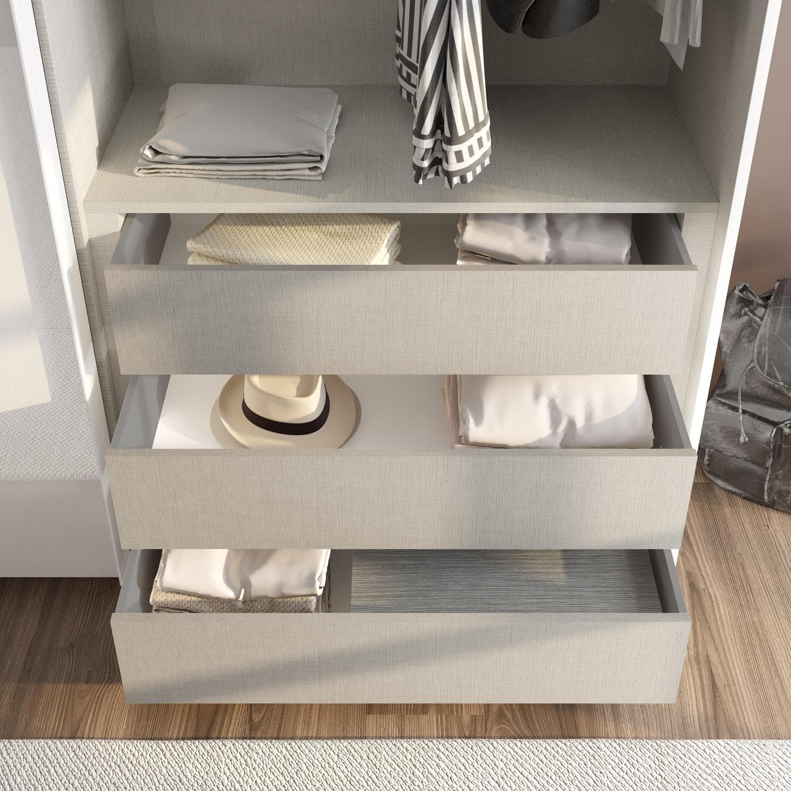 Cassettiera grigio effetto tessuto per armadio Alen da 150 cm
