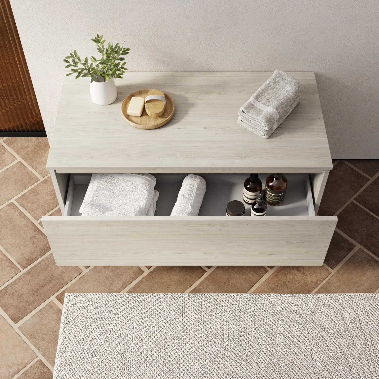 Cassettone bagno sospeso 100 cm in legno rovere bianco - Plain
