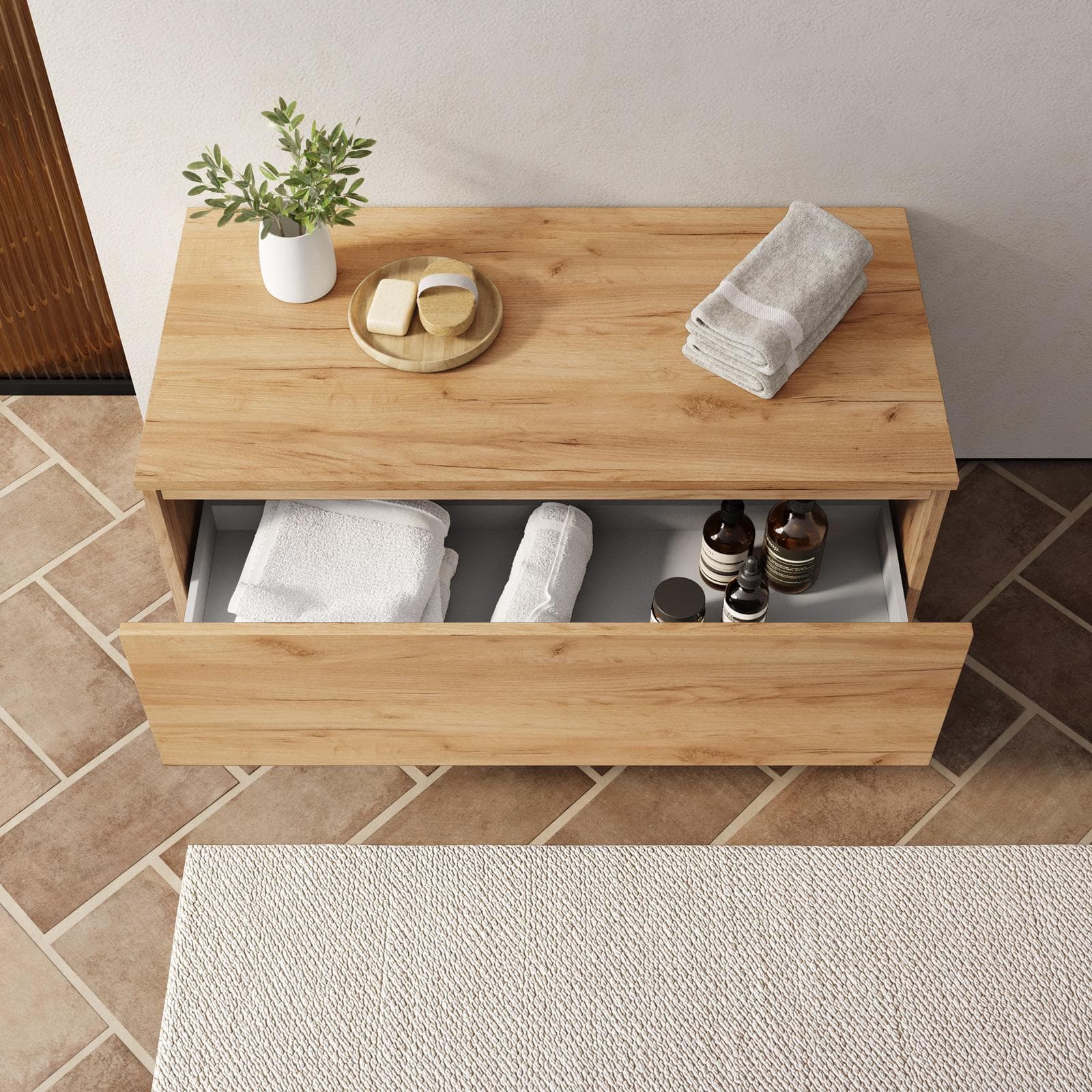 Cassettone bagno sospeso 100 cm in legno rovere gold - Plain