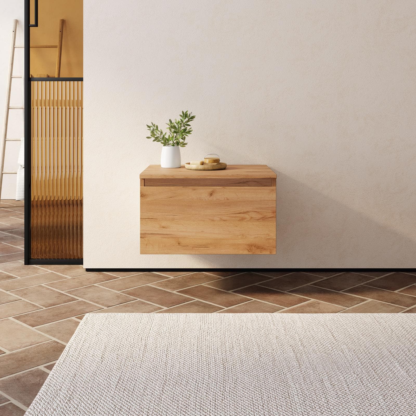 Cassettone bagno sospeso 50 cm in legno rovere gold - Plain