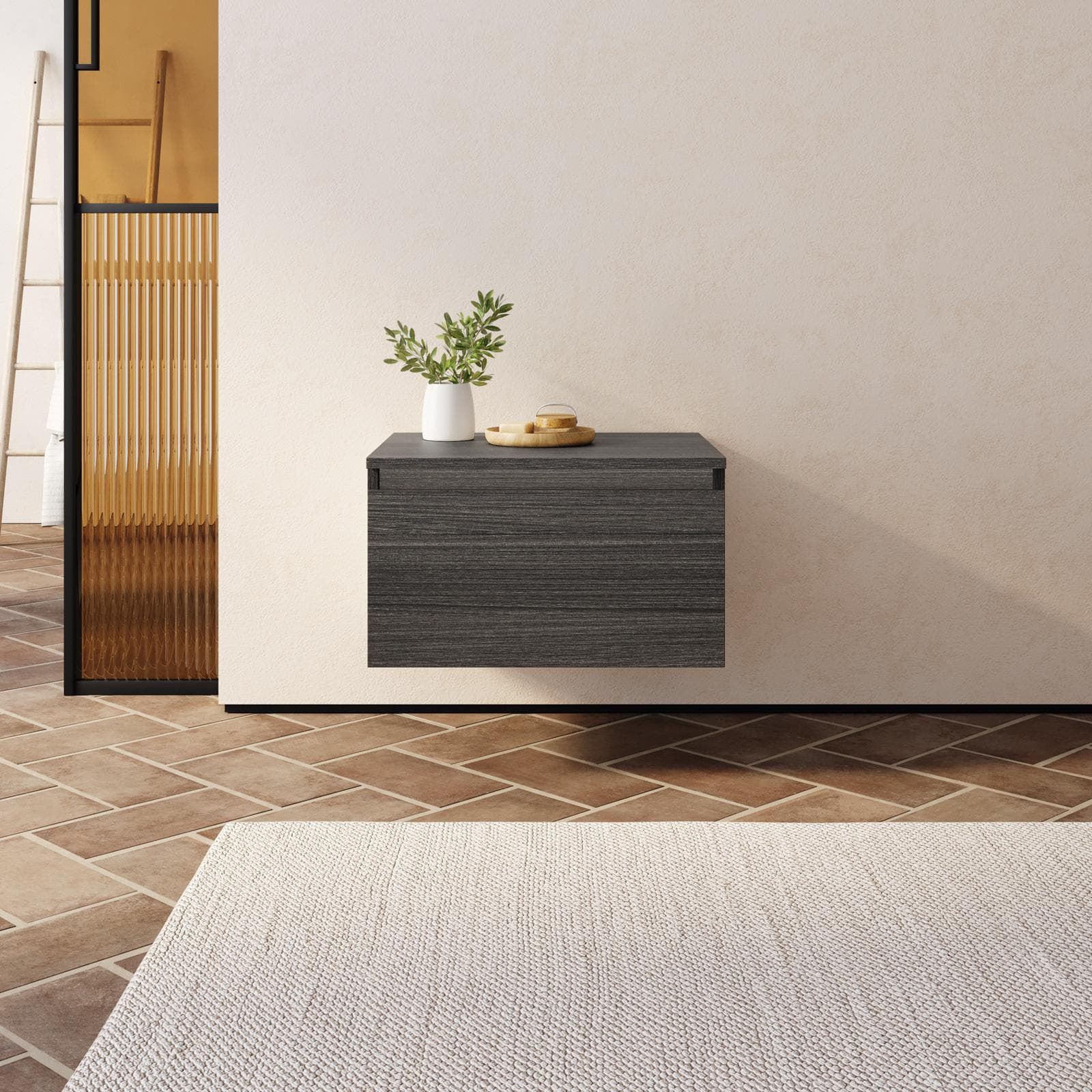 Cassettone bagno sospeso 50 cm in legno rovere grigio - Plain