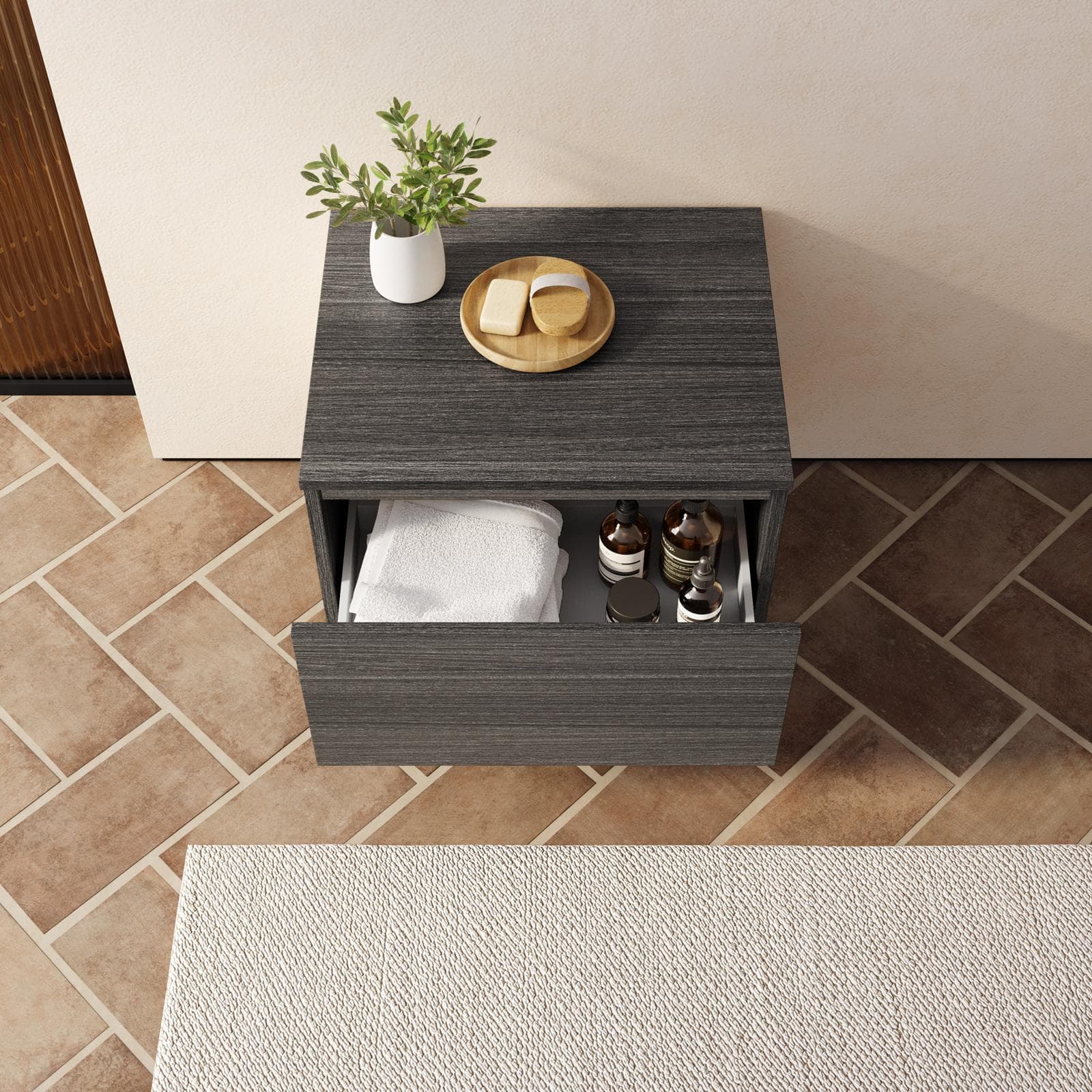 Cassettone bagno sospeso 60 cm in legno rovere grgio - Plain