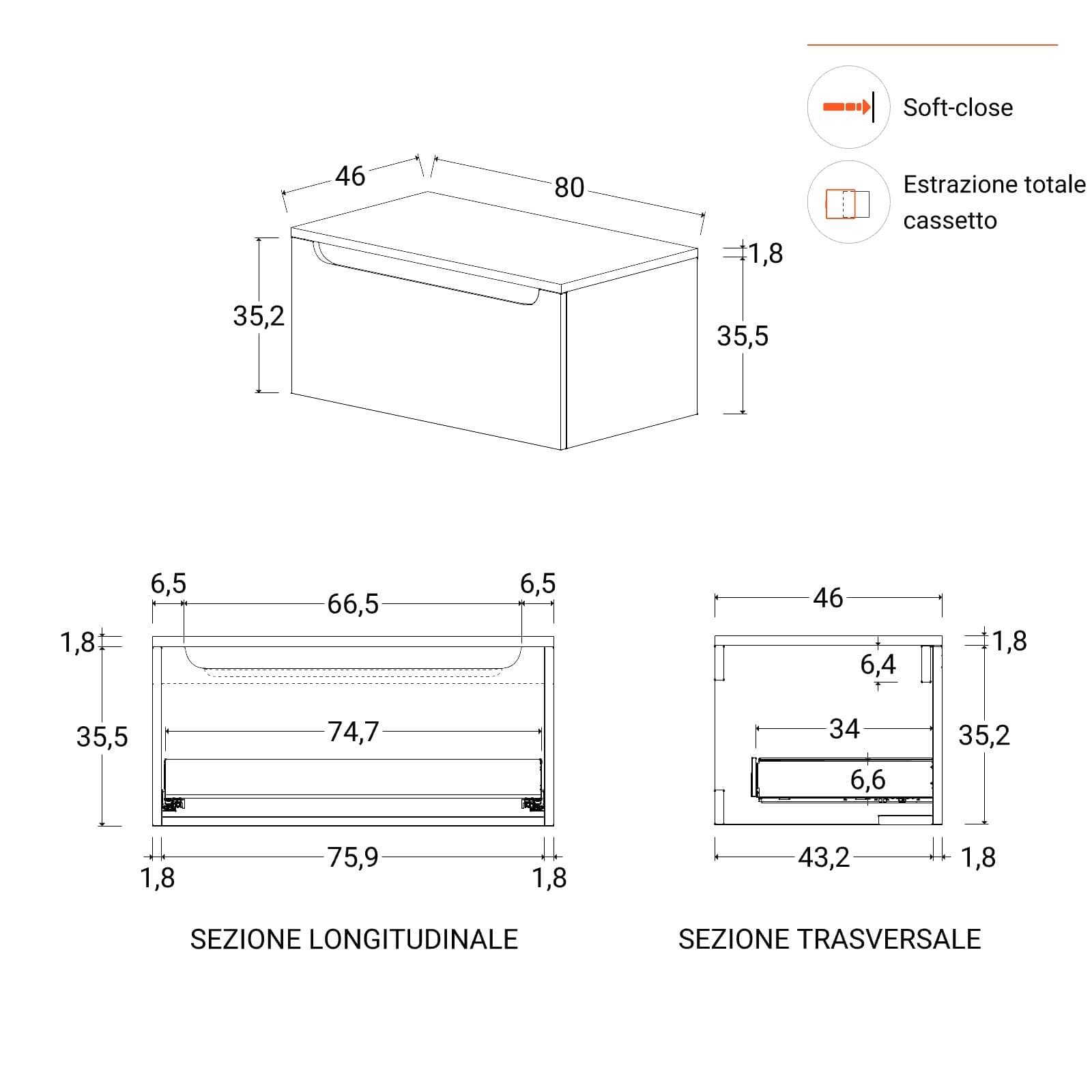 Cassettone sospeso 80 cm con top antracite - Sleek