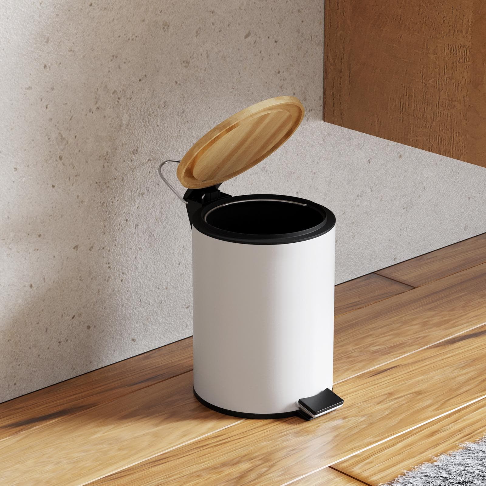 Cestino portarifiuti 3 litri in metallo bianco con pedale e coperchio in bambù - Scottie
