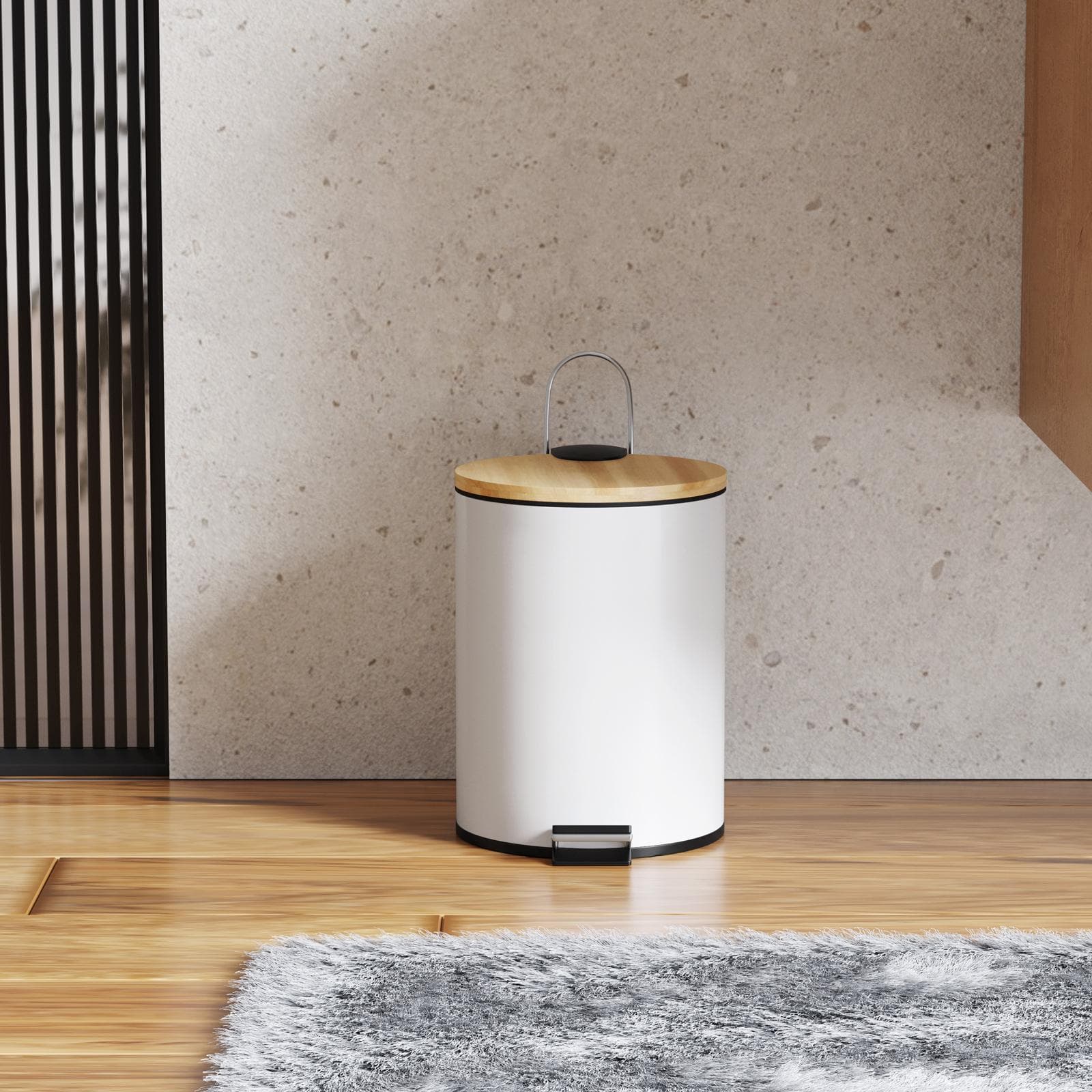 Cestino portarifiuti 3 litri in metallo bianco con pedale e coperchio in bambù - Scottie