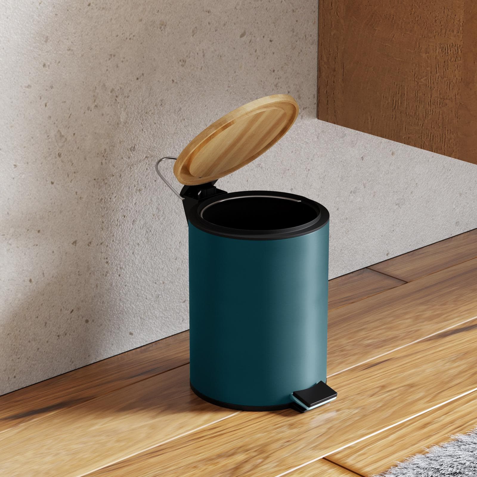 Cestino portarifiuti 3 litri in metallo blu petrolio con pedale e coperchio in bambù - Scottie