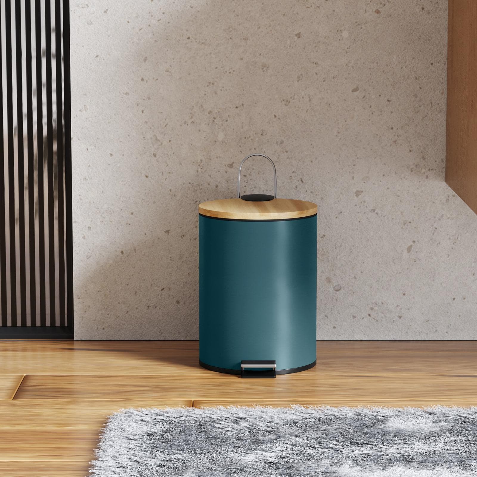 Cestino portarifiuti 3 litri in metallo blu petrolio con pedale e coperchio in bambù - Scottie