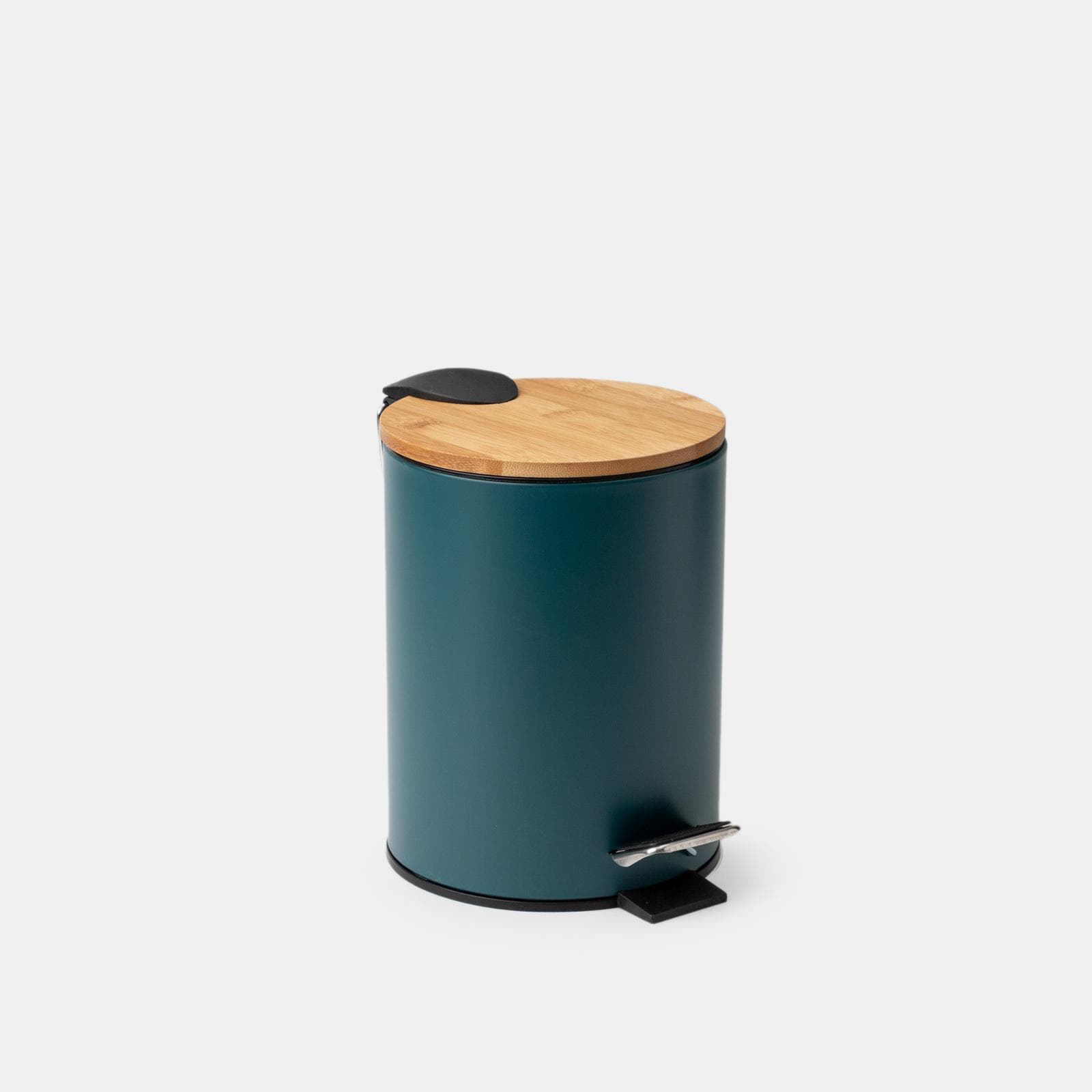 Cestino portarifiuti 3 litri in metallo blu petrolio con pedale e coperchio in bambù - Scottie