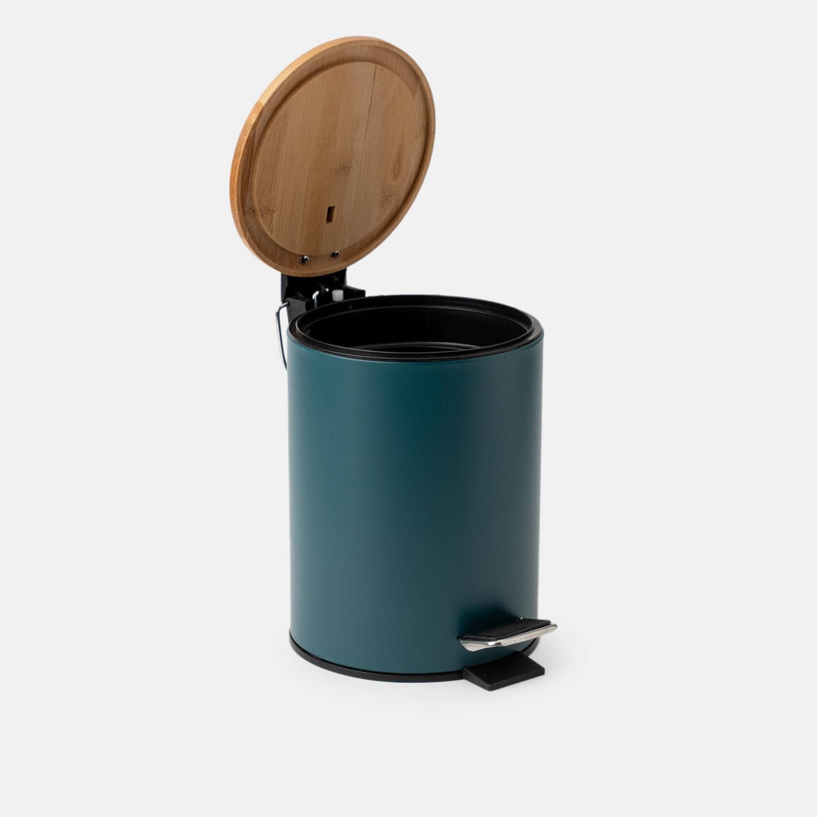 Cestino portarifiuti 3 litri in metallo blu petrolio con pedale e coperchio in bambù - Scottie