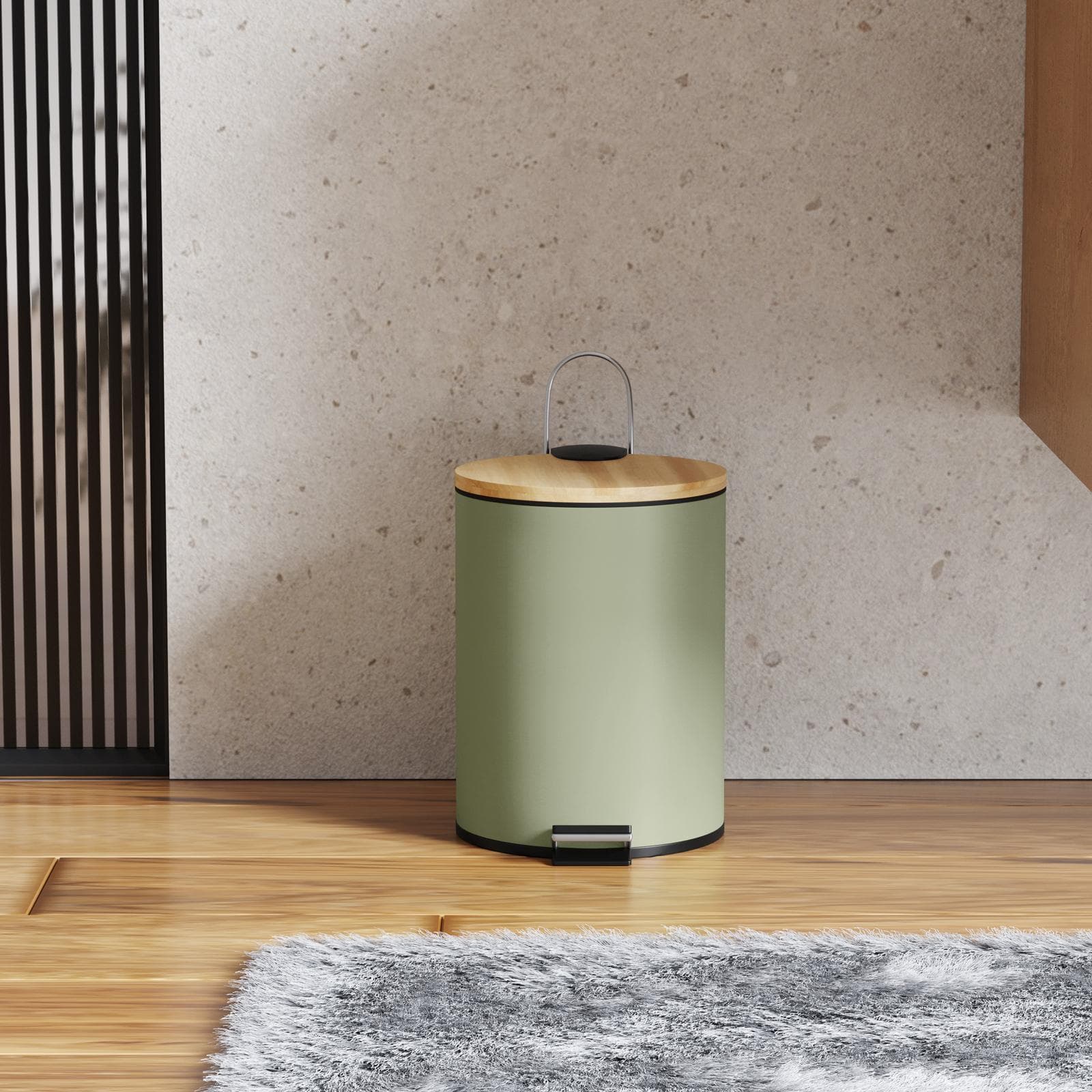 Cestino portarifiuti 3 litri in metallo verde salvia con pedale e coperchio in bambù - Scottie