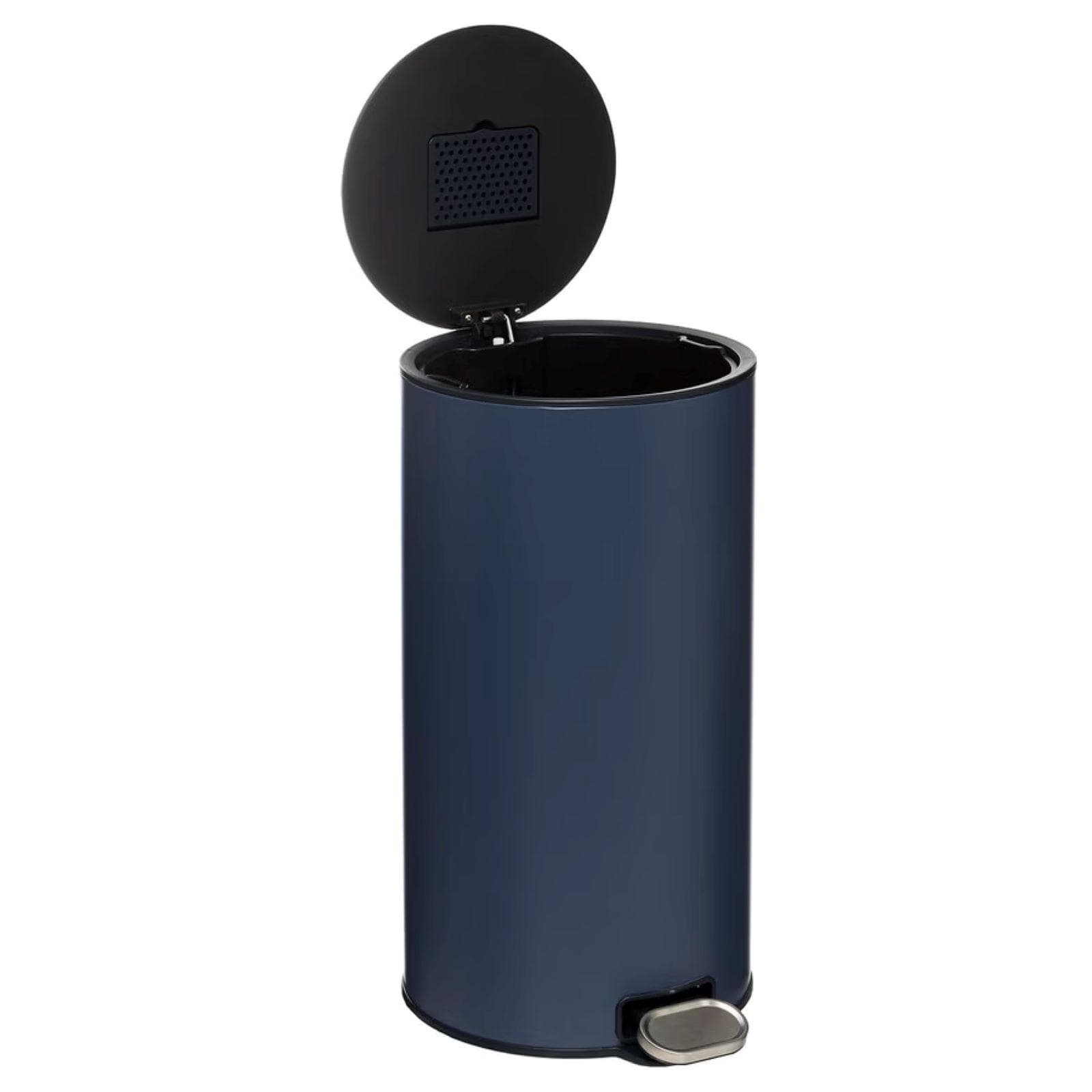 Pattumiera 30 litri rotonda in metallo blu con coperchio e pedale - Thalor