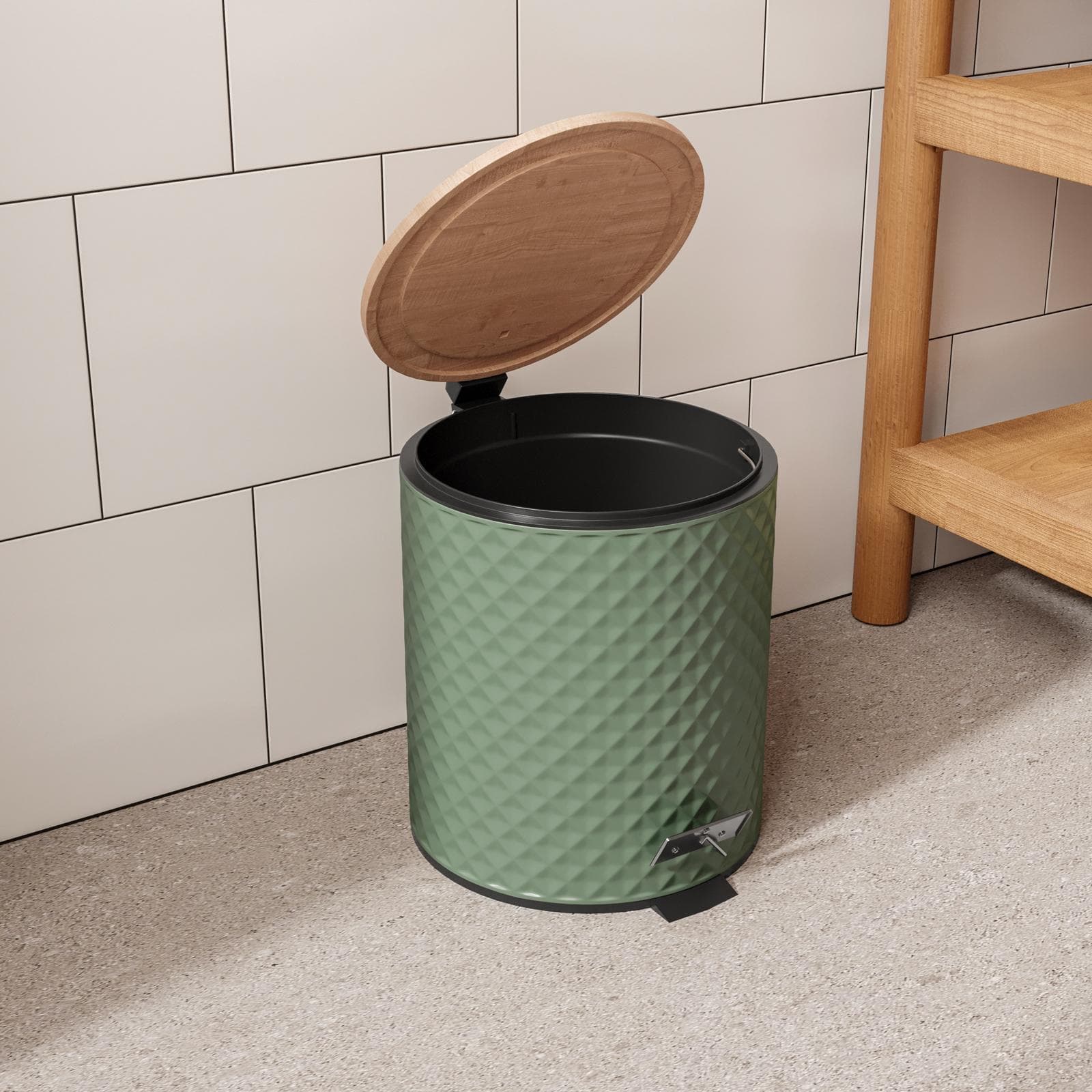Cestino portarifiuti soft close in metallo verde salvia e bambù - Mavis