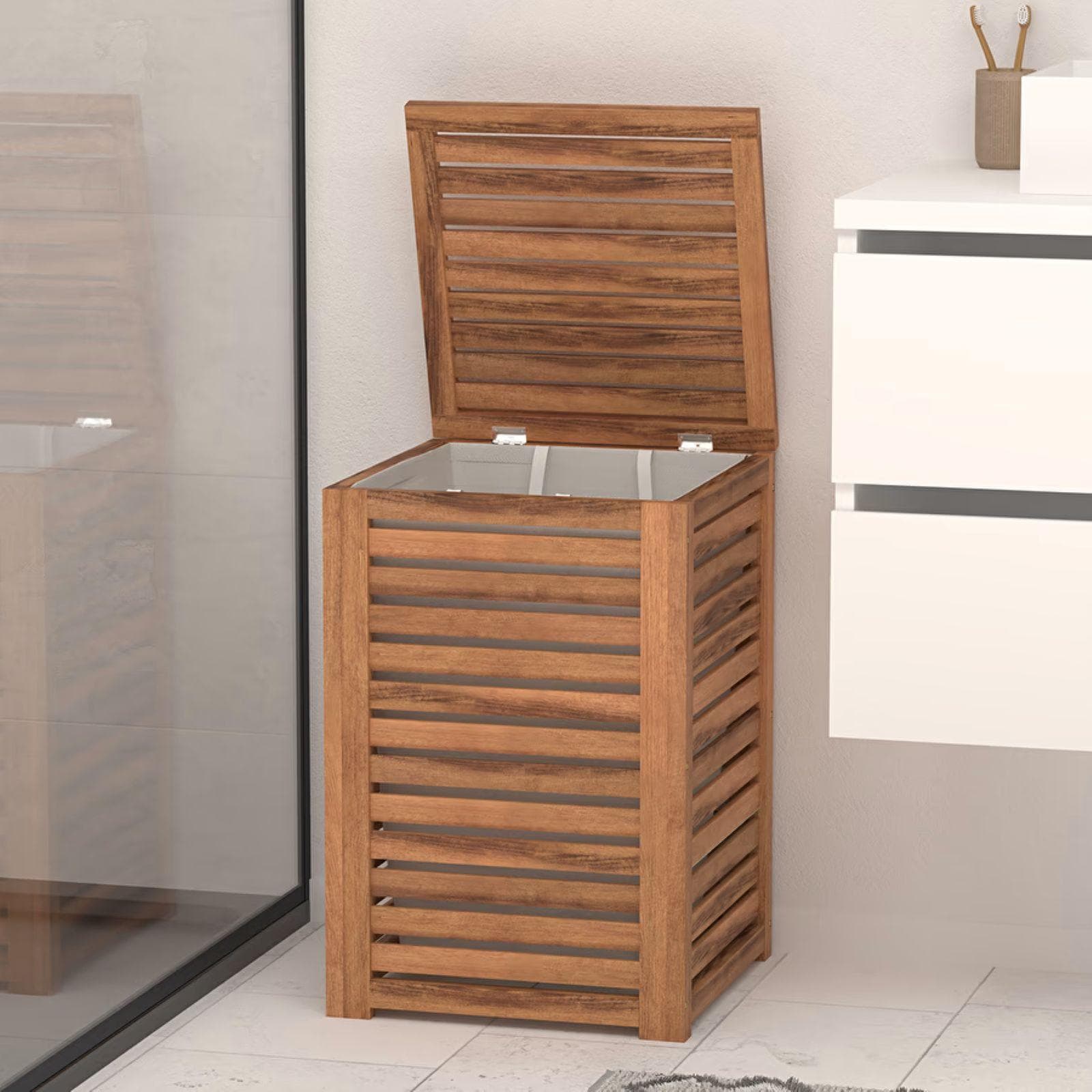 Cesto portabiancheria 65 L in legno di acacia naturale e cotone