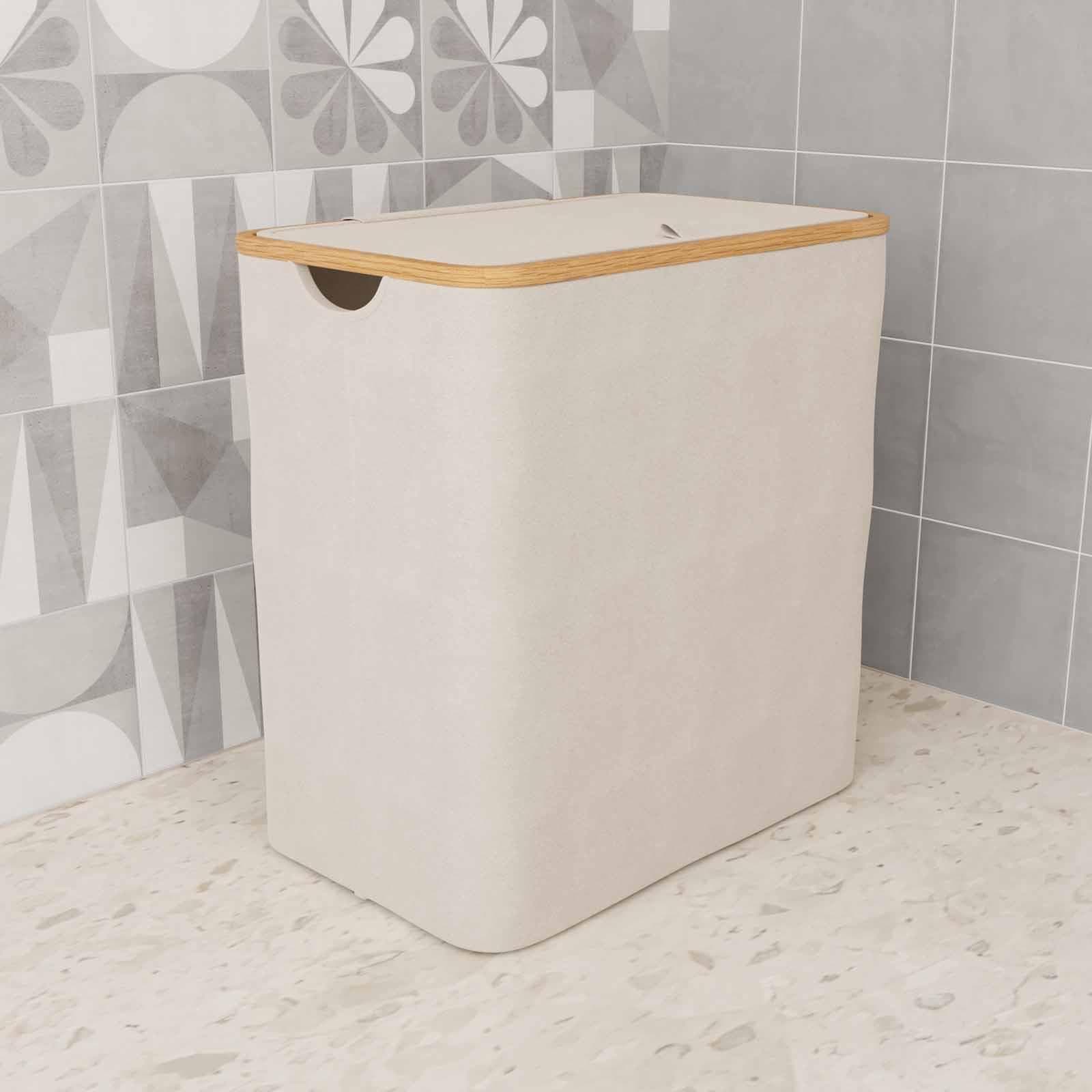 Cesto portabiancheria rettangolare in legno di bambù e tessuto beige