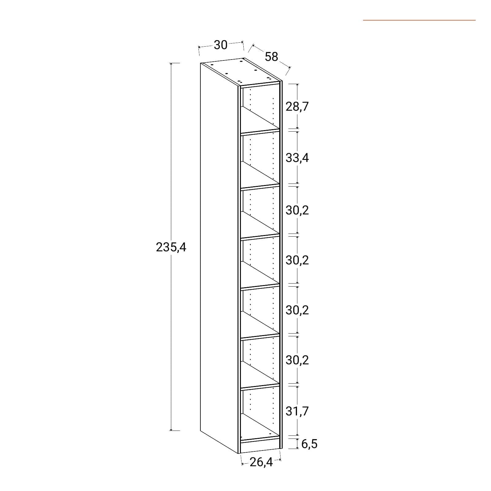 Colonna 30x236h cm bianco con 6 ripiani regolabili - Ventur