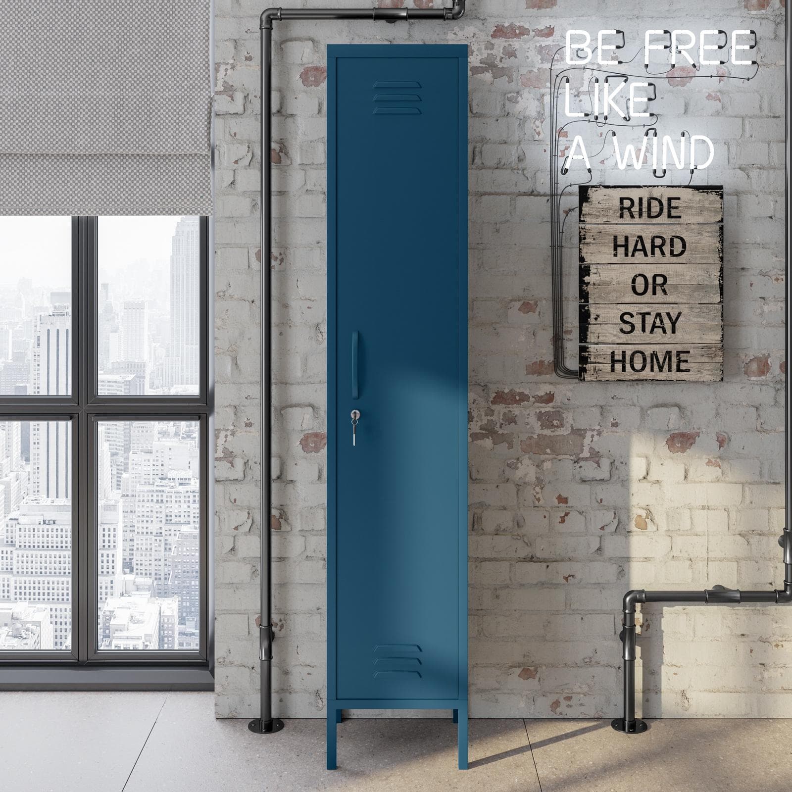 Colonna multiuso 35x180h cm in acciaio blu petrolio con 1 anta e serratura - Roger