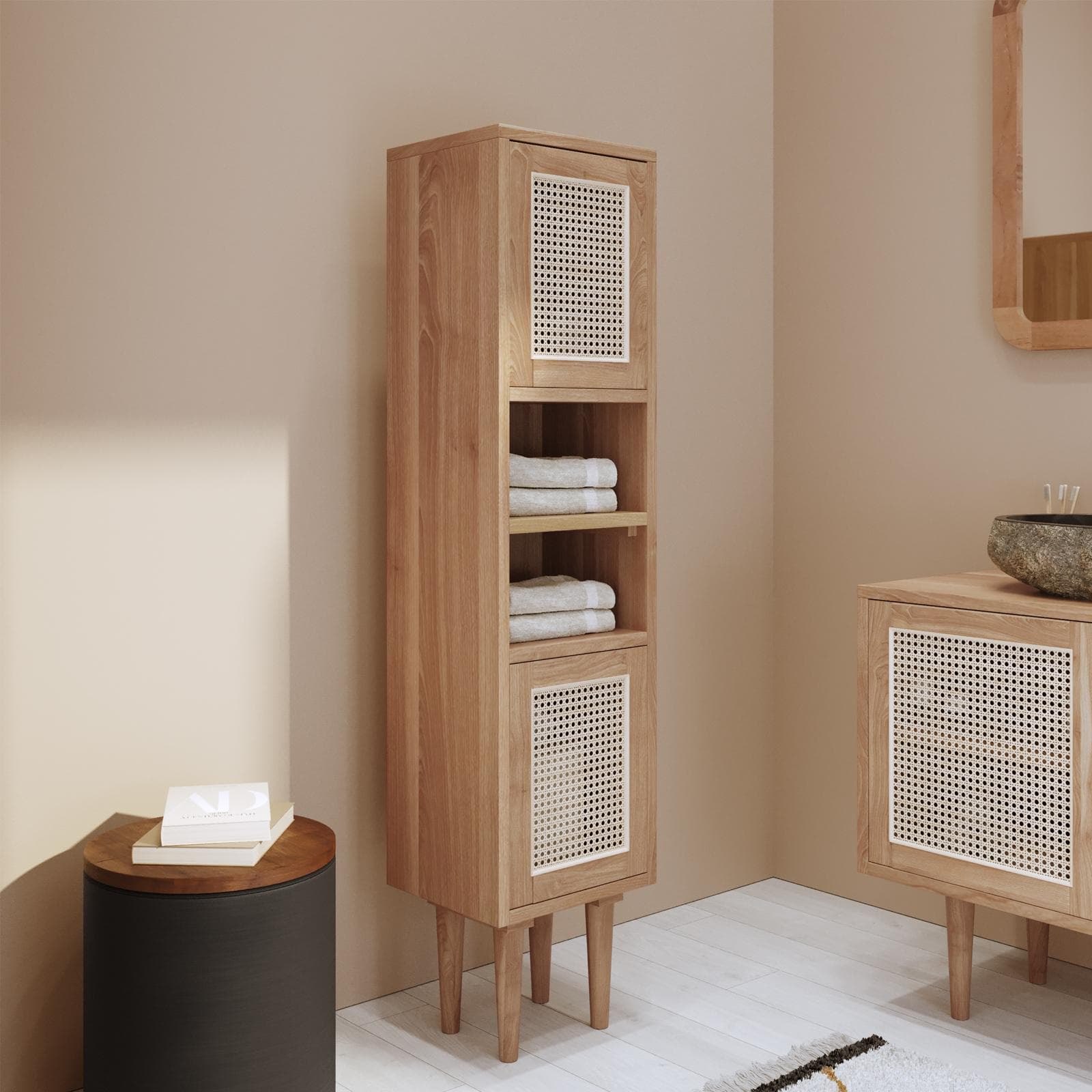 Colonna bagno 150 h cm in teak naturale e paglia di vienna - Malindi