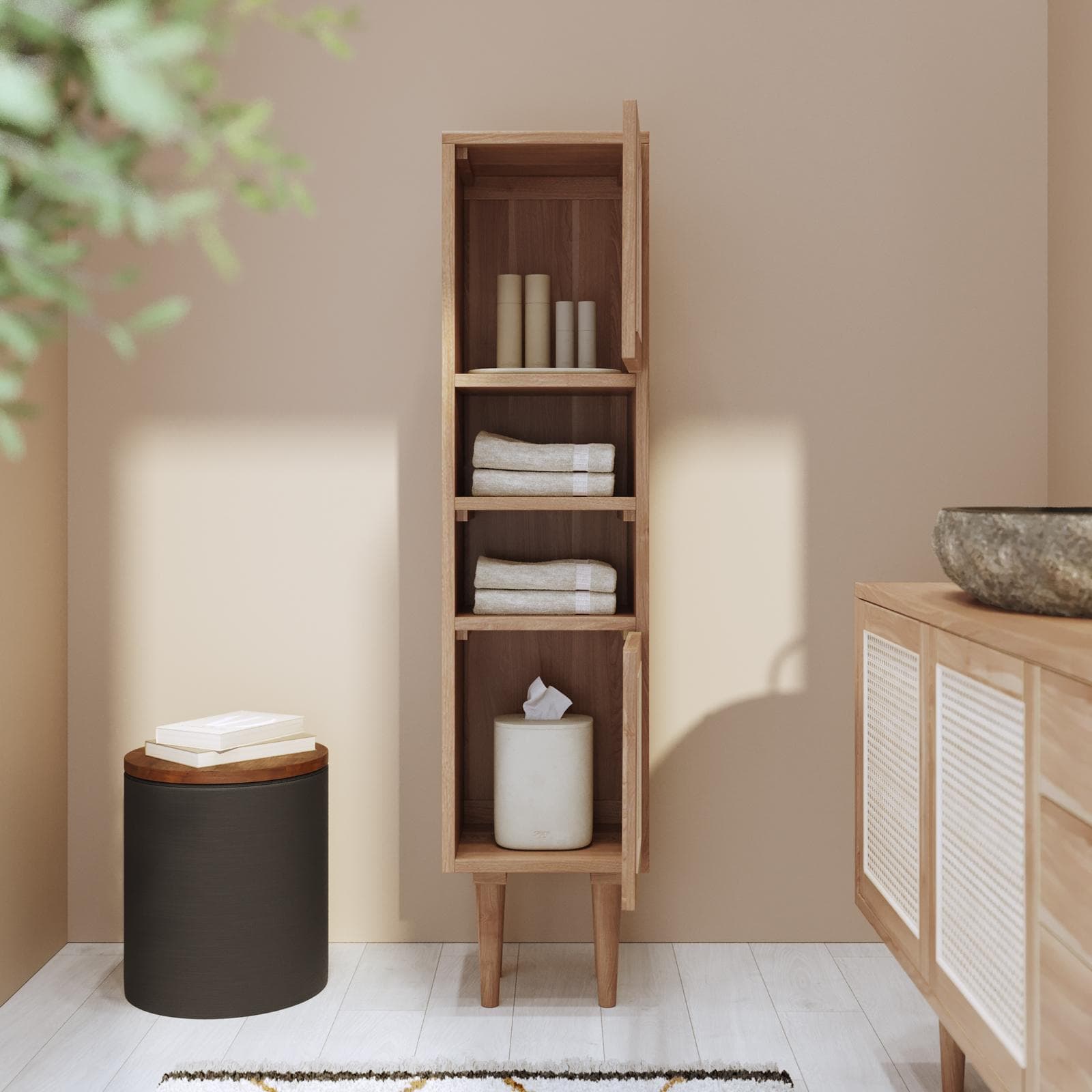 Colonna bagno 150 h cm in teak naturale e paglia di vienna - Malindi