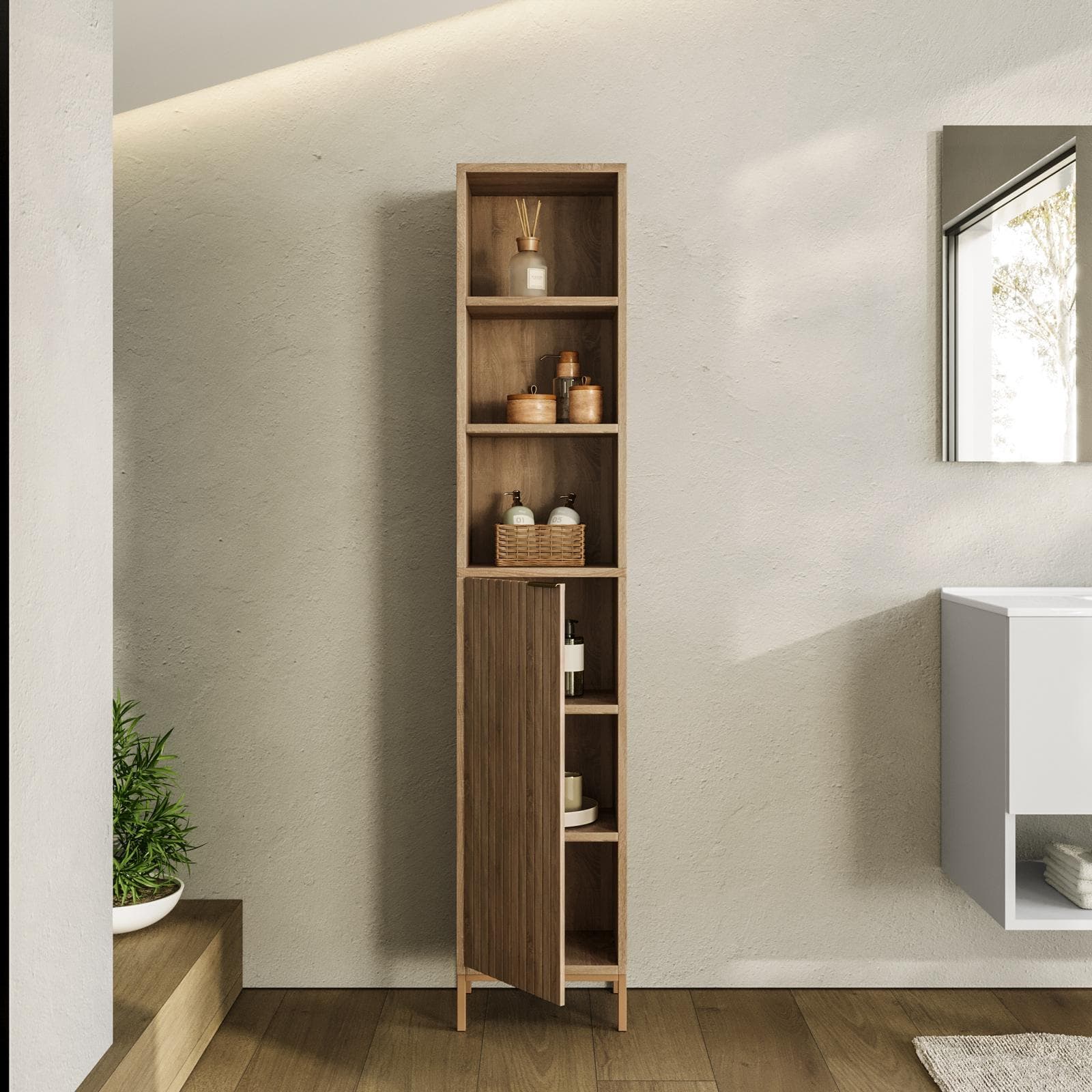 Colonna bagno 33x168h cm in legno naturale e cannettato con struttura in acciaio oro bronzato - Kloser