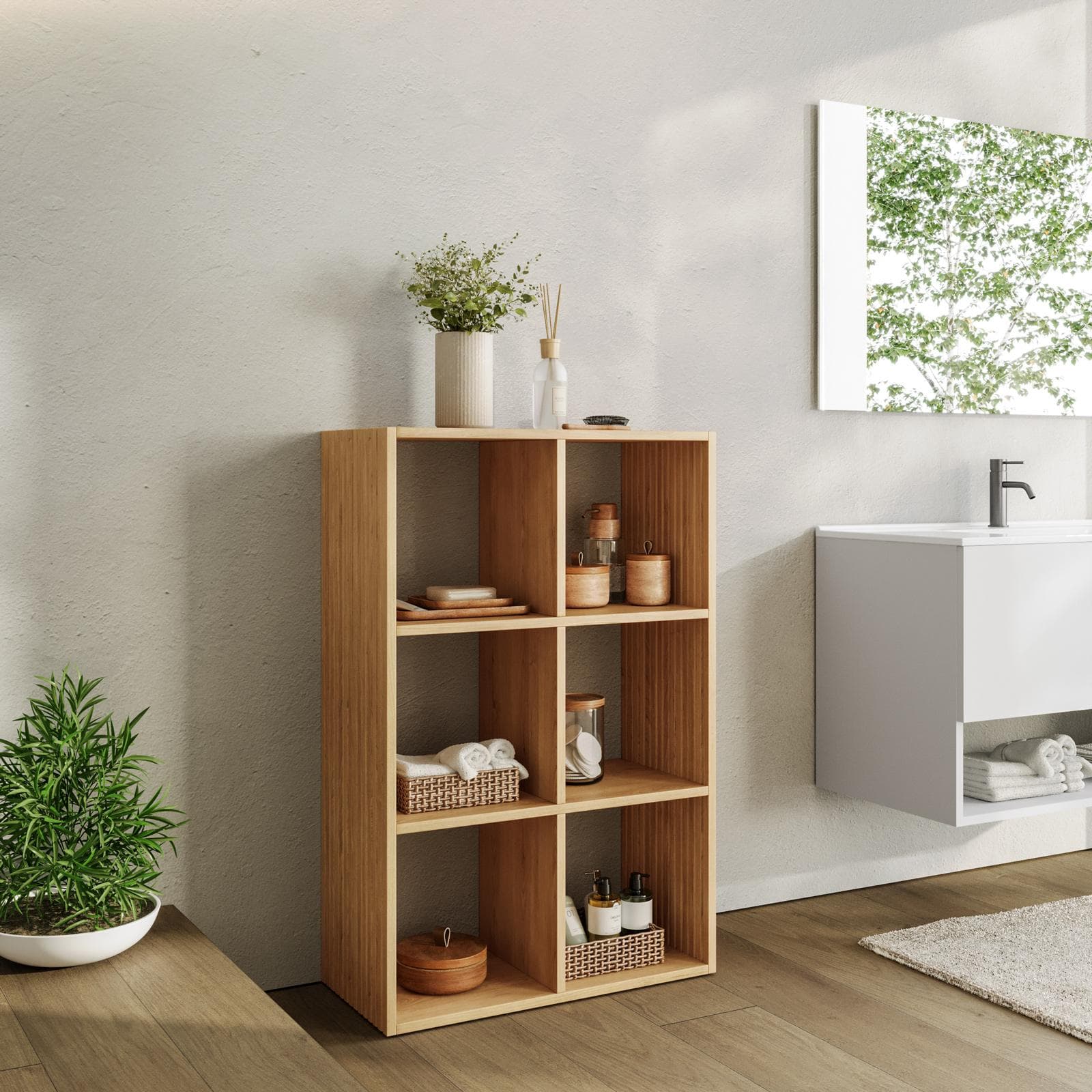 Mobile multiuso 69x102h cm in legno naturale e cannettato con 6 vani - Kloser