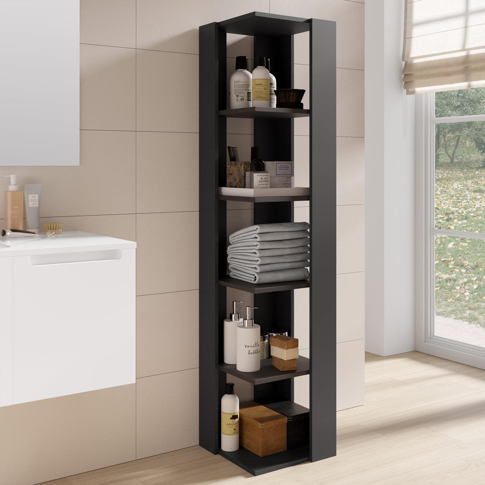 Colonna bagno ad angolo 34x161h cm in legno antracite 5 ripiani - Kantiko