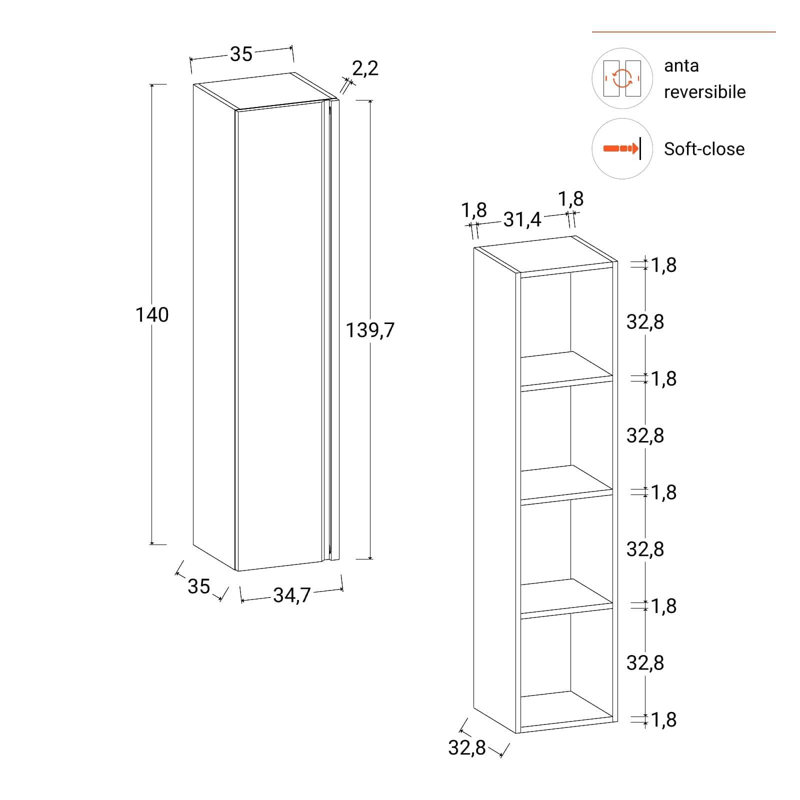 Colonna bagno sospesa 140h cm con anta reversibile rovere acero - Edgard