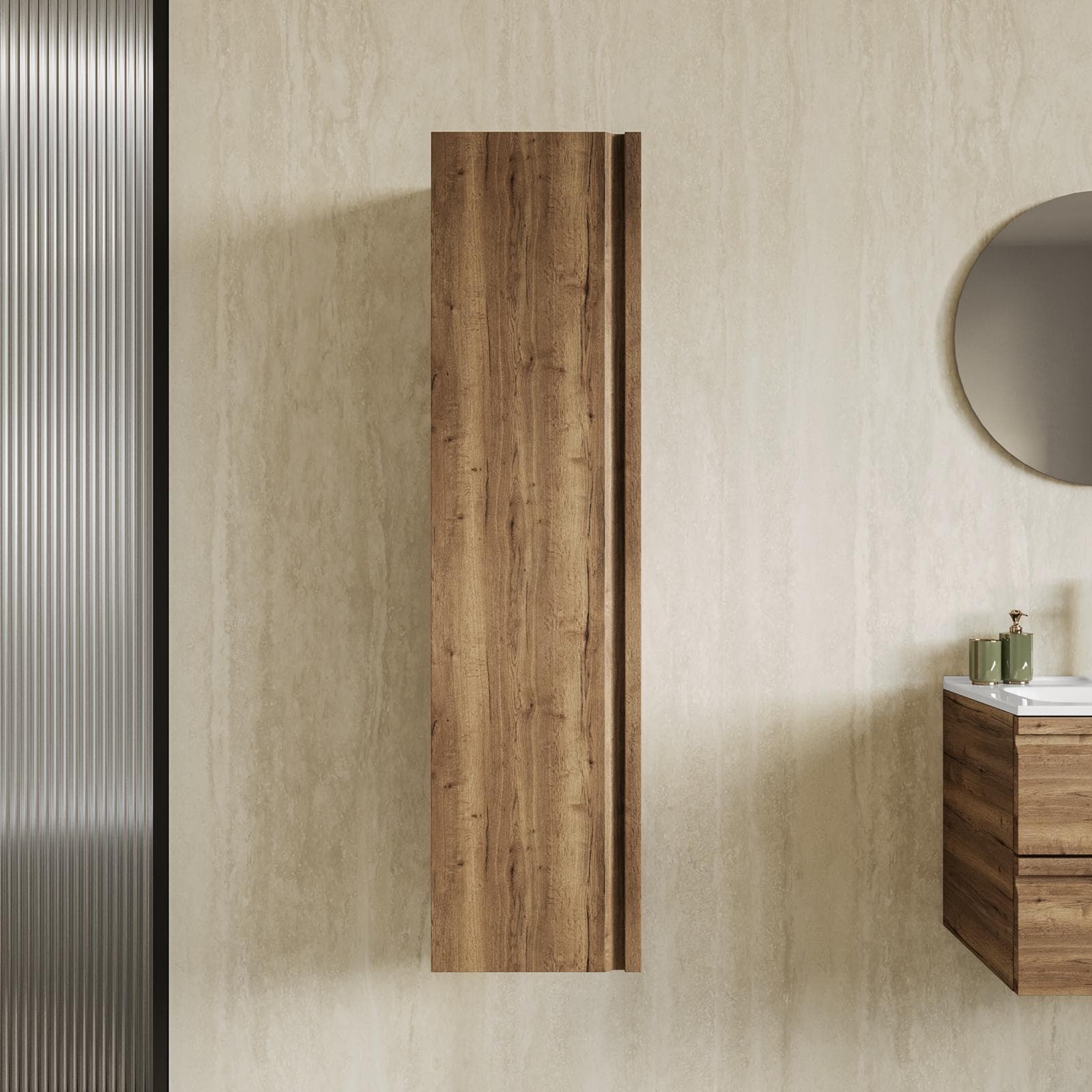 Colonna bagno sospesa 140h cm con anta reversibile rovere america - Edgard